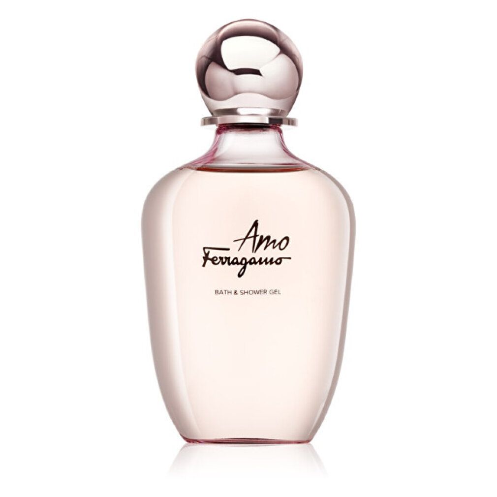 Rosa Flasche mit silbernem Verschluss. Aufschrift: Amo Ferragamo, Bath & Shower Gel.