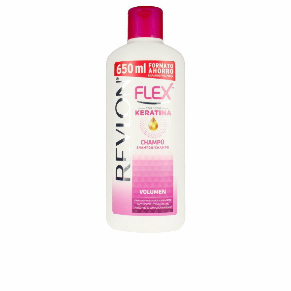 Weiße Flasche mit pinkfarbenem Deckel. Aufschrift: Revlon Flex Keratin Shampoo. Volumen 650 ml. Pinkfarbene und weiße Etiketten.