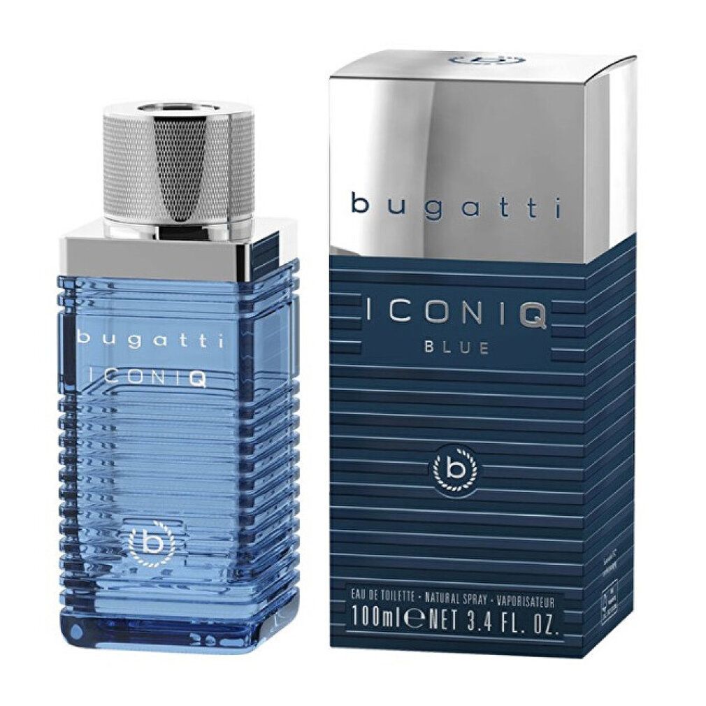 Bugatti Iconiq Blue EdT. Flakon und Verpackung. Flakon blau, eckig, silberner Deckel. Verpackung blau, weißer Schriftzug.