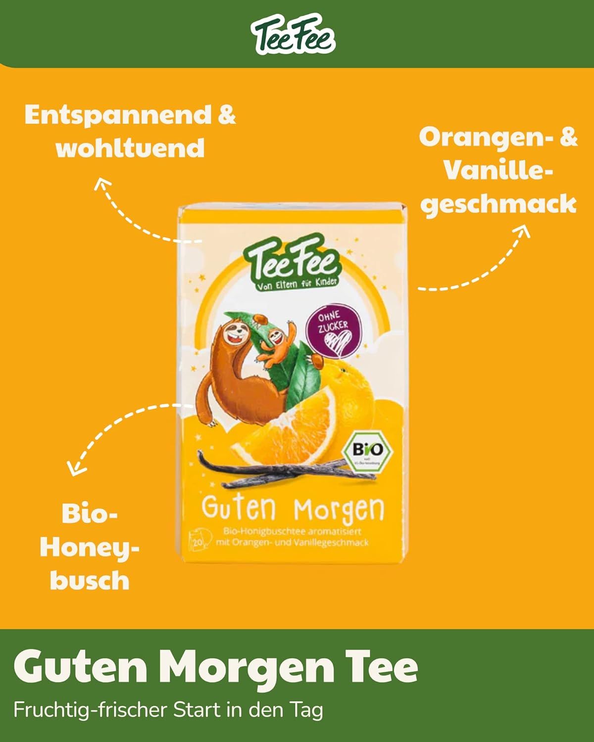 TeeFee Guten Morgen Tee-Packung. Aufdruck: Orange, Faultier, Bio-Siegel. Text: Bio-Honeybusch, Orangen- & Vanillegeschmack. Ohne Zucker.
