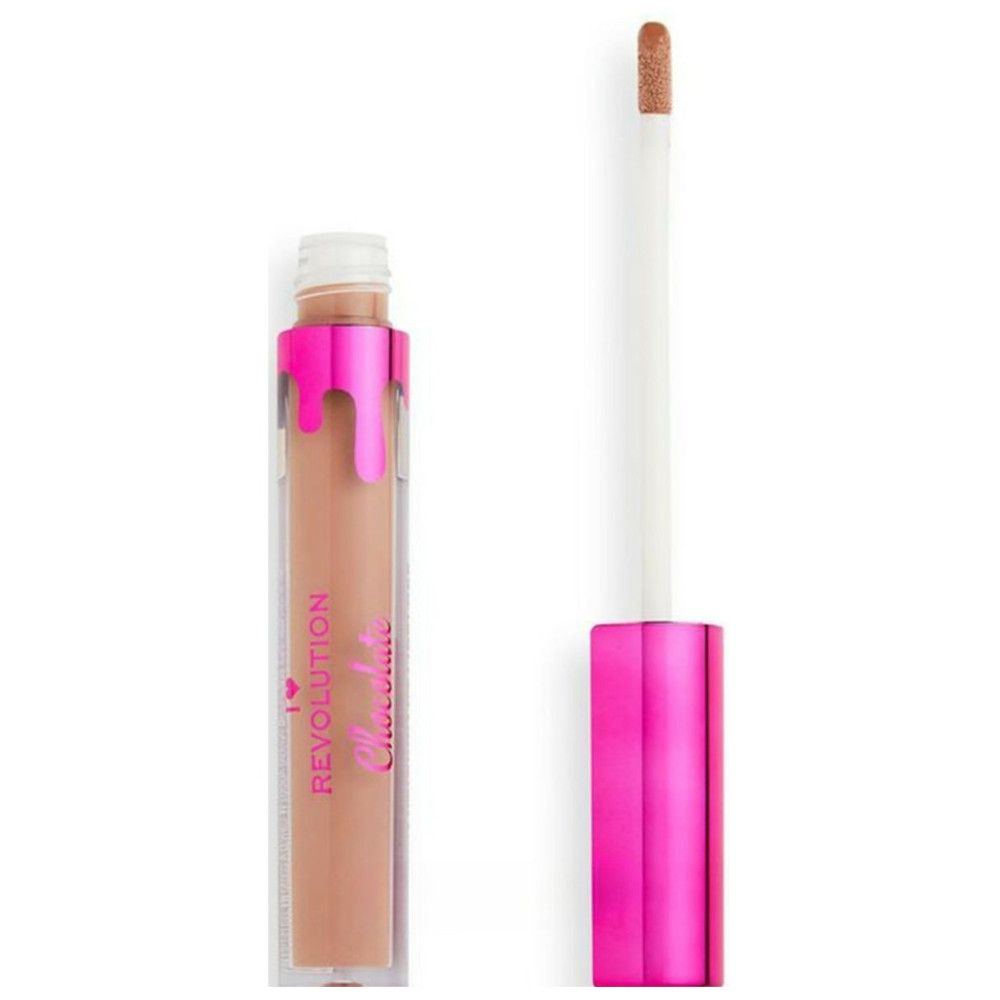 Flüssiger Lippenstift mit rosa Deckel und Applikator. Aufschrift: I Love Revolution Chocolate. Helle, beige Farbe.