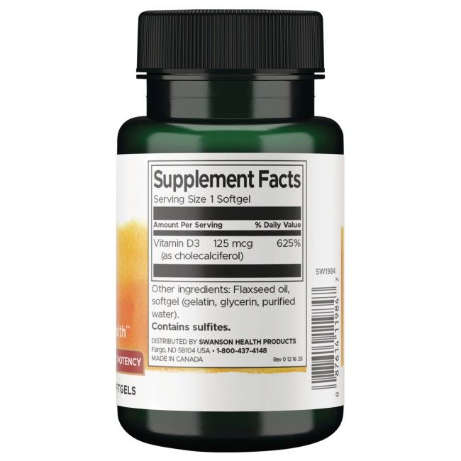 Rückseite einer Swanson Vitamin D3 5.000 IE Softgel-Flasche mit Nährwertangaben.