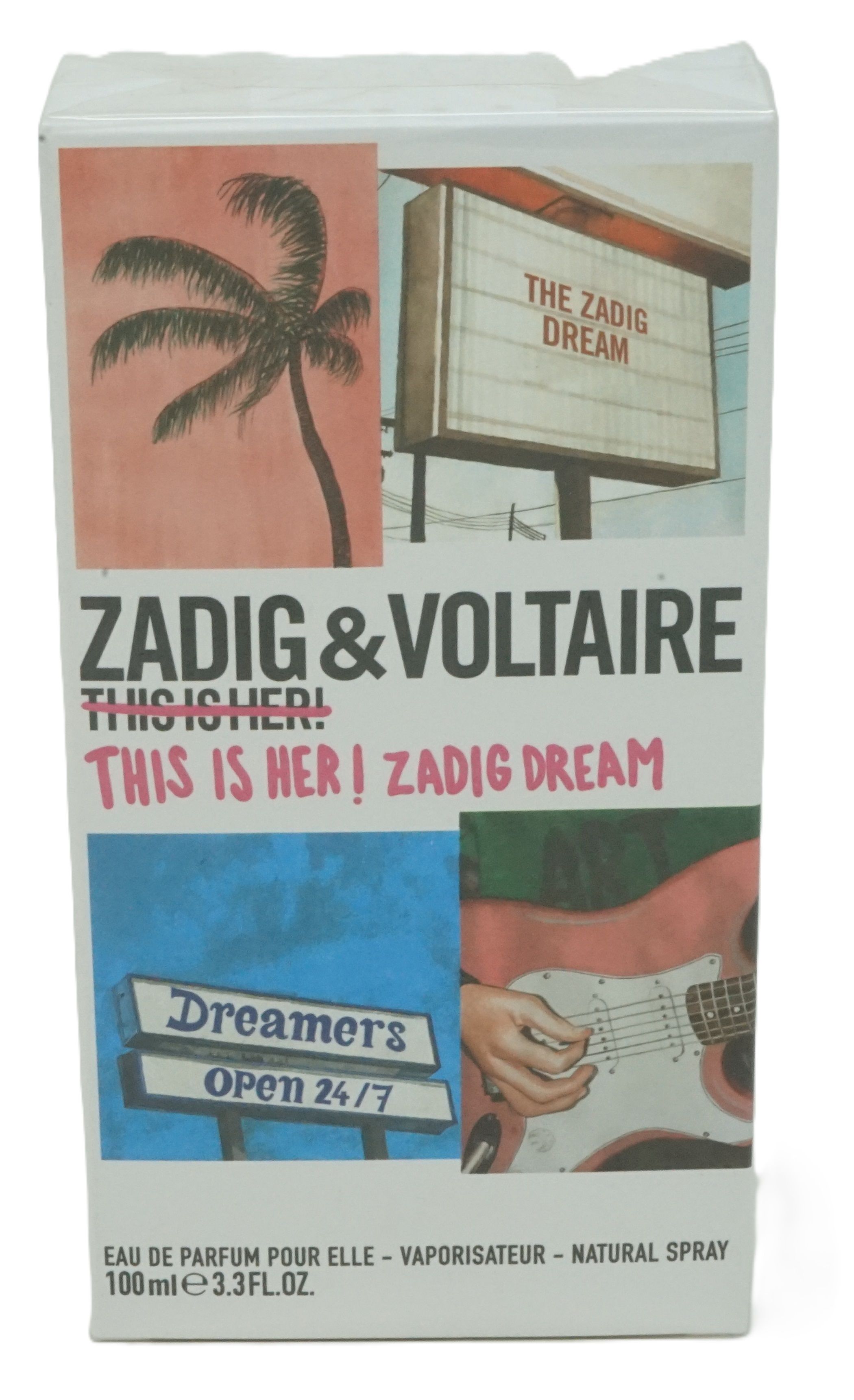 Weißer Karton mit Aufdruck. Zadig & Voltaire, This is Her! Zadig Dream. Abbildungen: Palme, Gitarre, Schilder.