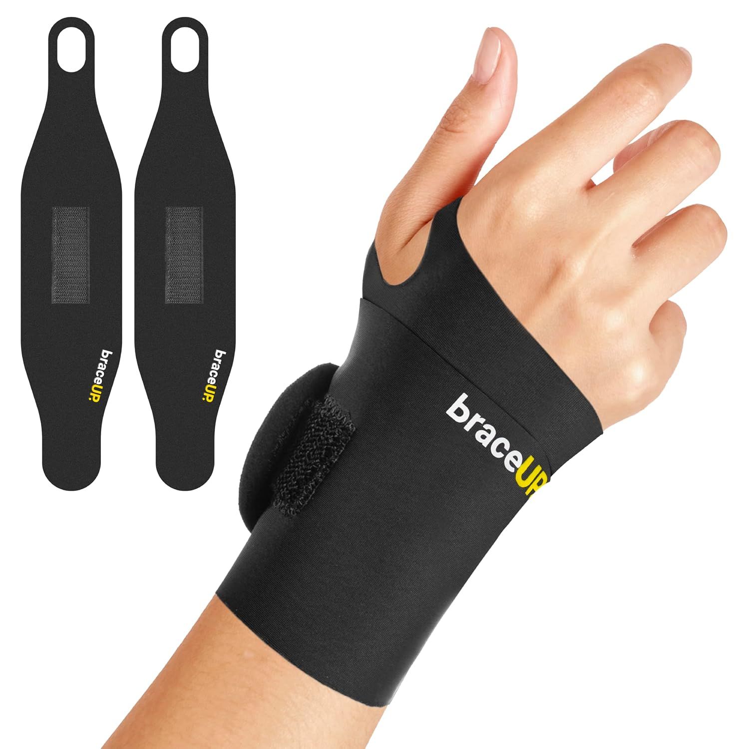 Handgelenkbandage mit Klettverschluss und zwei separaten Bändern. Marke: braceUP.