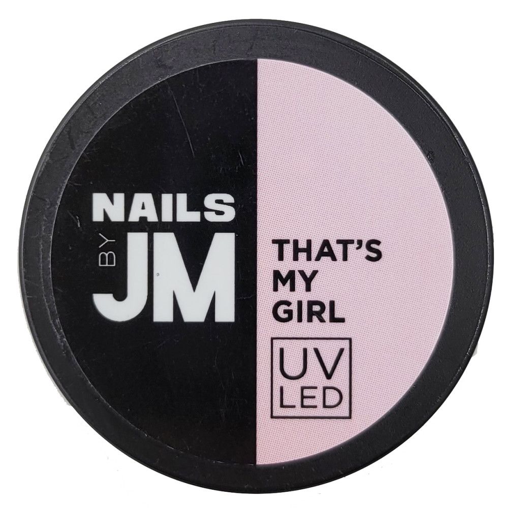 Runder Behälter, geteilt in Schwarz und Rosa. Aufschrift "NAILS BY JM" und "THAT'S MY GIRL". Mit UV LED-Kennzeichnung.