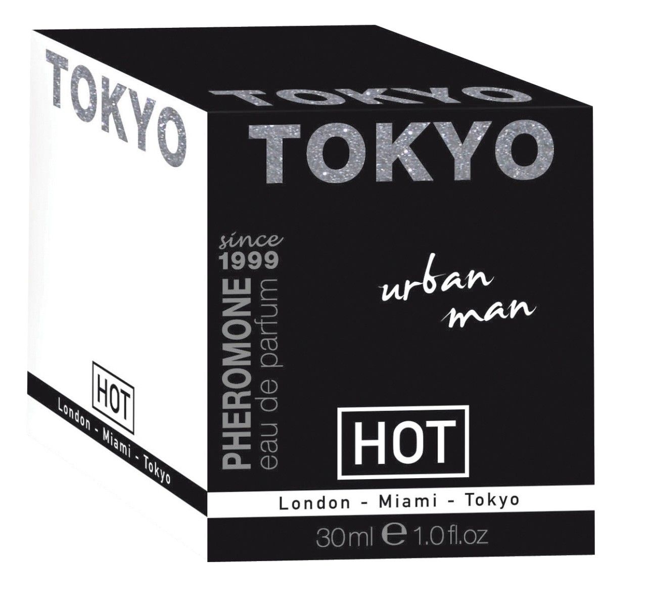 Schwarzer Karton mit weißer Schrift. "TOKYO urban man". "HOT" und "30ml e 1.0 fl.oz". Perspektivische Ansicht.