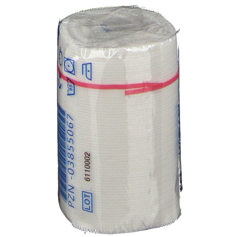 Elastische Binde PARAM Idealbinde S, in Zellglas verpackt. Rotes Gummiband. Aufschrift: PZN-03855067, LOT 6110002.