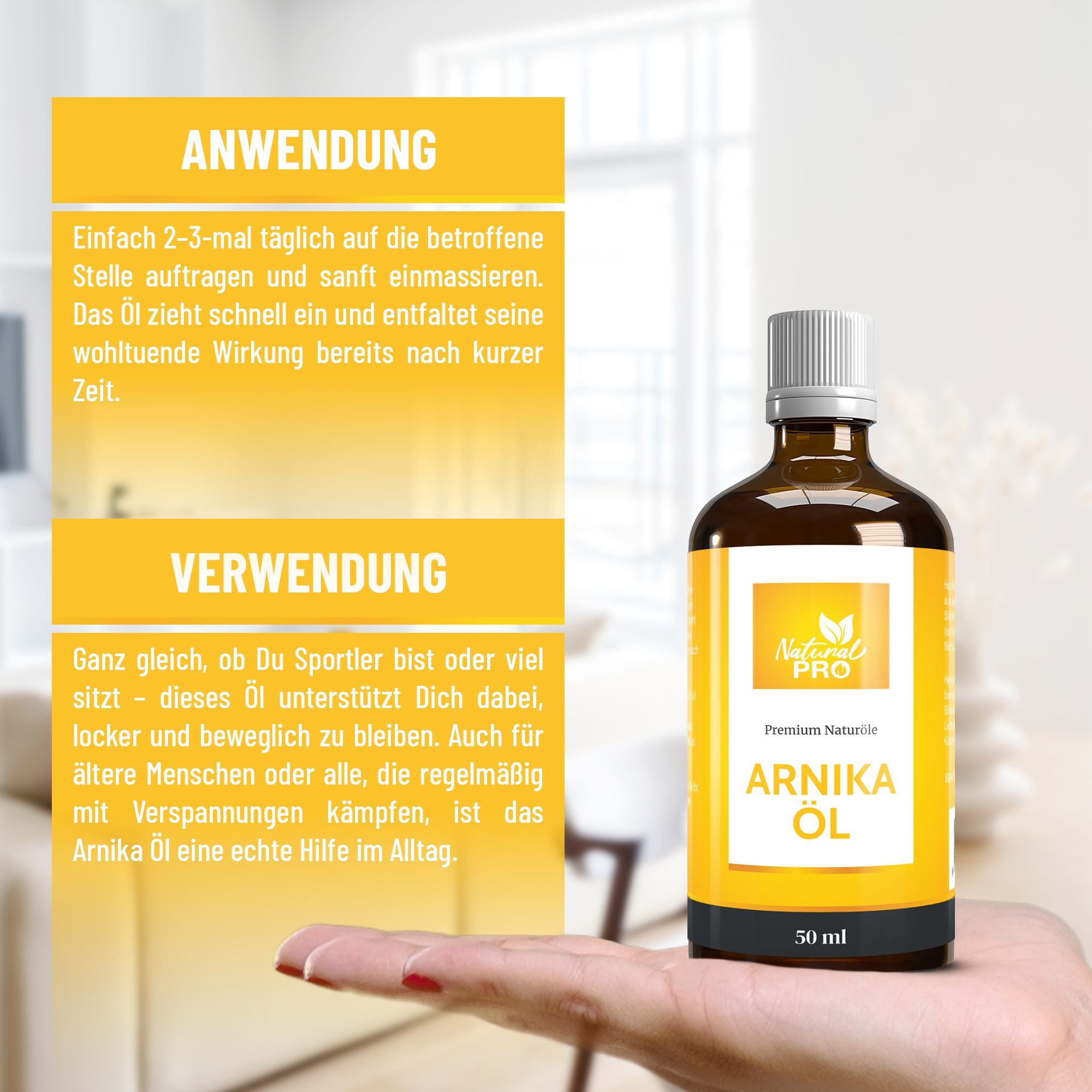Braune Glasflasche mit gelbem Etikett. Text: Arnika Öl, 50 ml. Flasche wird von einer Hand gehalten. Anwendungshinweise.
