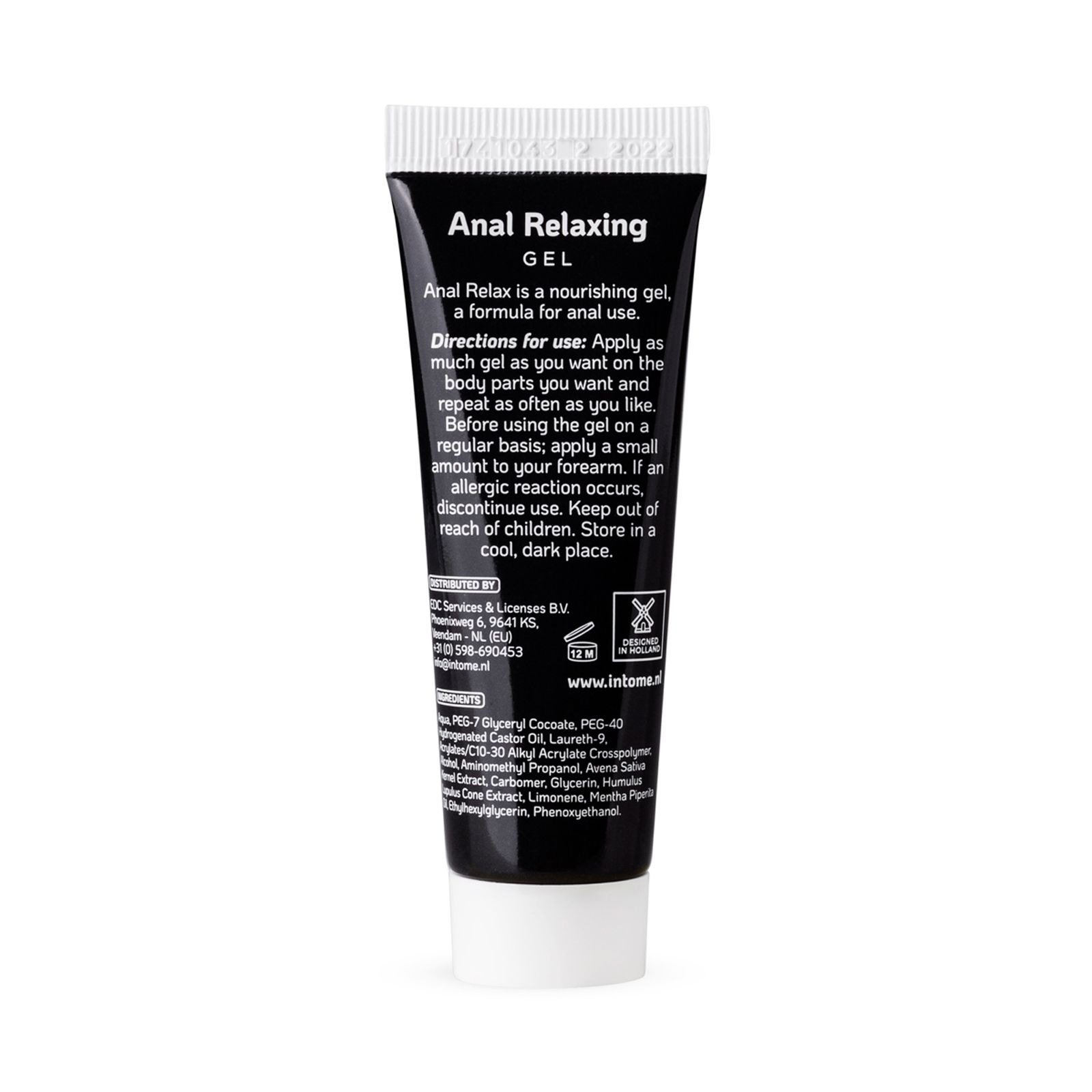 Rückseite der Intome Anal Relaxing Gel Tube. Text: Anwendungshinweise, Inhaltsstoffe, Herstellerinformationen, Recycling-Symbol.