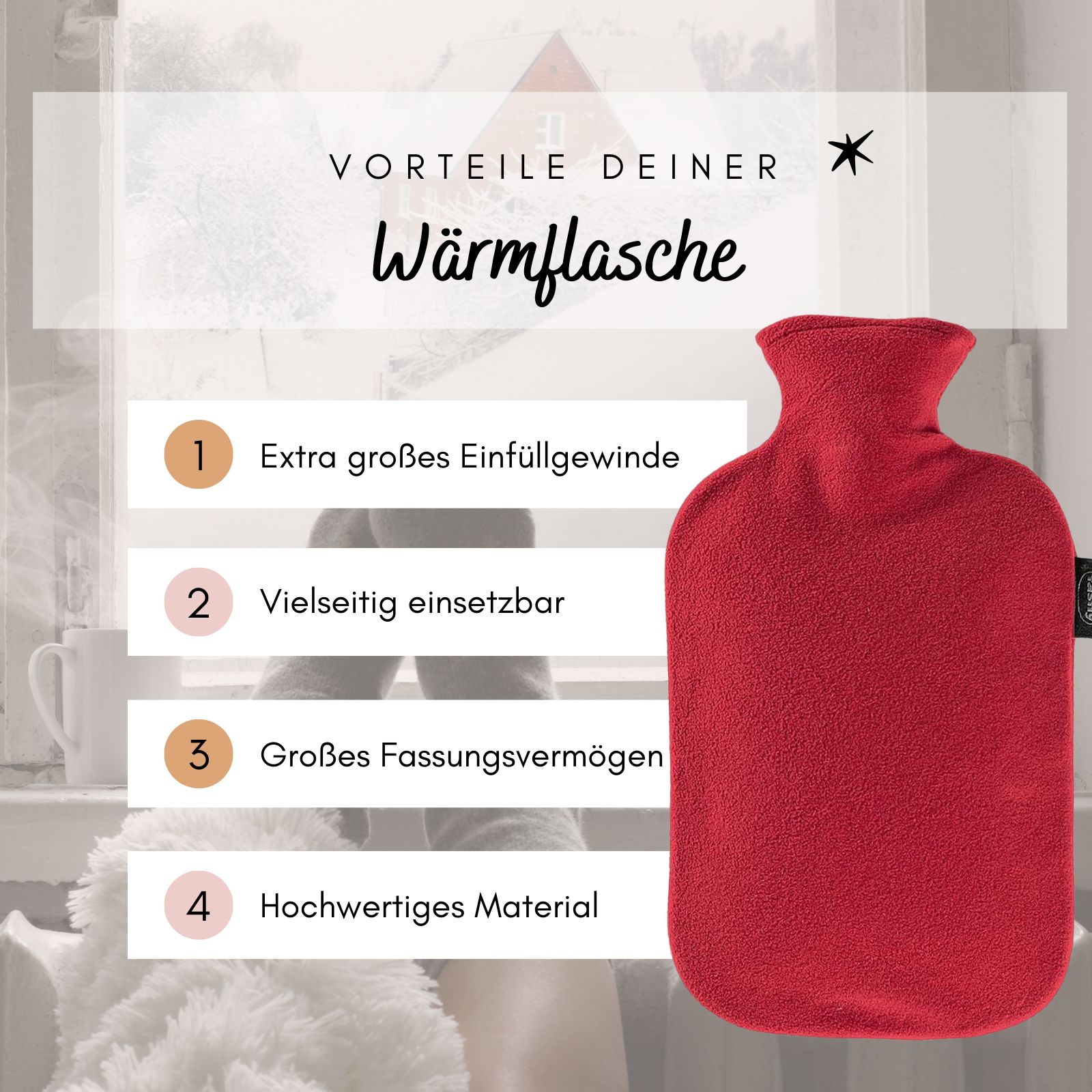 Rote Wärmflasche mit Fleecebezug. Text: Extra großes Einfüllgewinde, Vielseitig einsetzbar, Großes Fassungsvermögen, Hochwertiges Material.