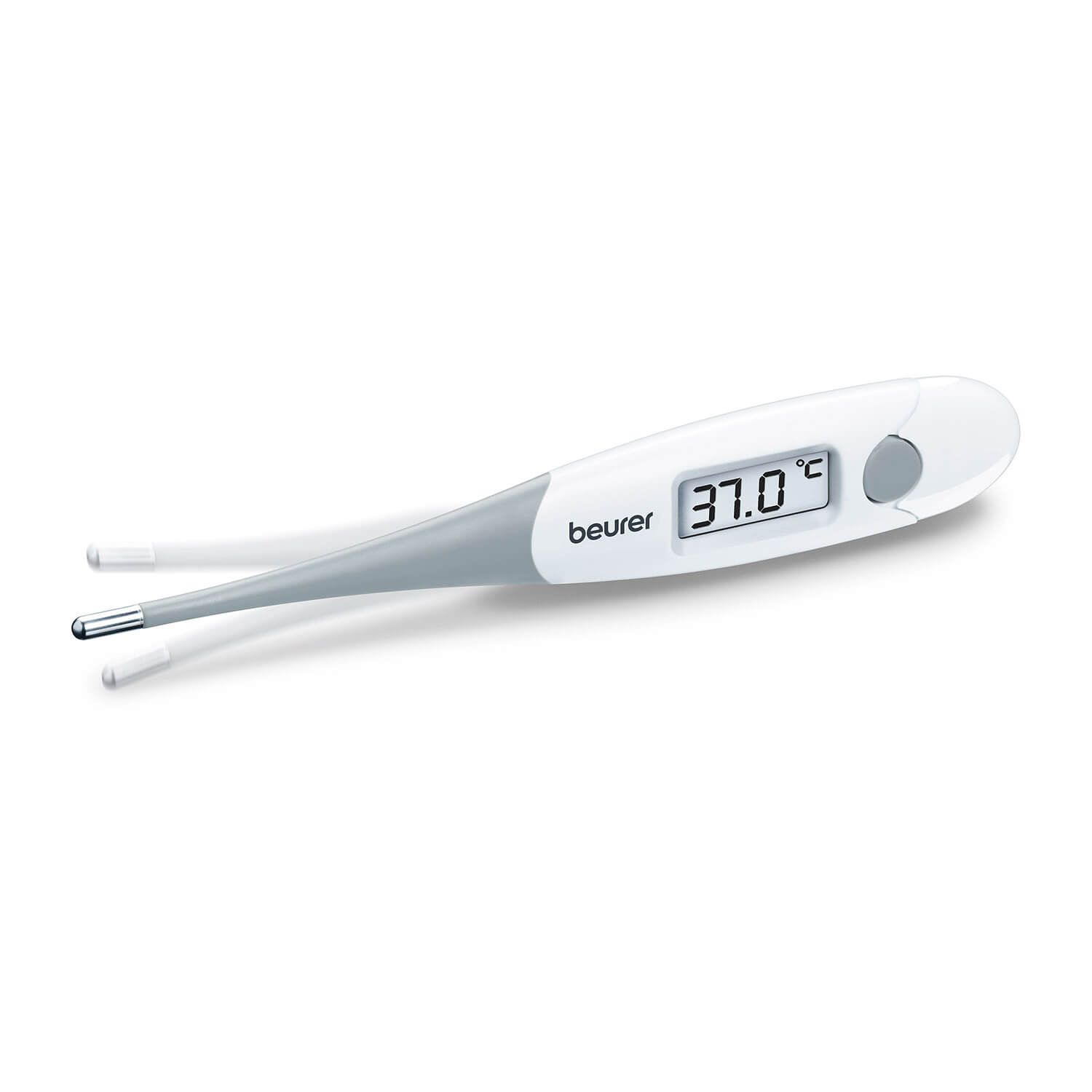 Digitales Fieberthermometer von Beurer in Weiß/Grau, Messspitze sichtbar.