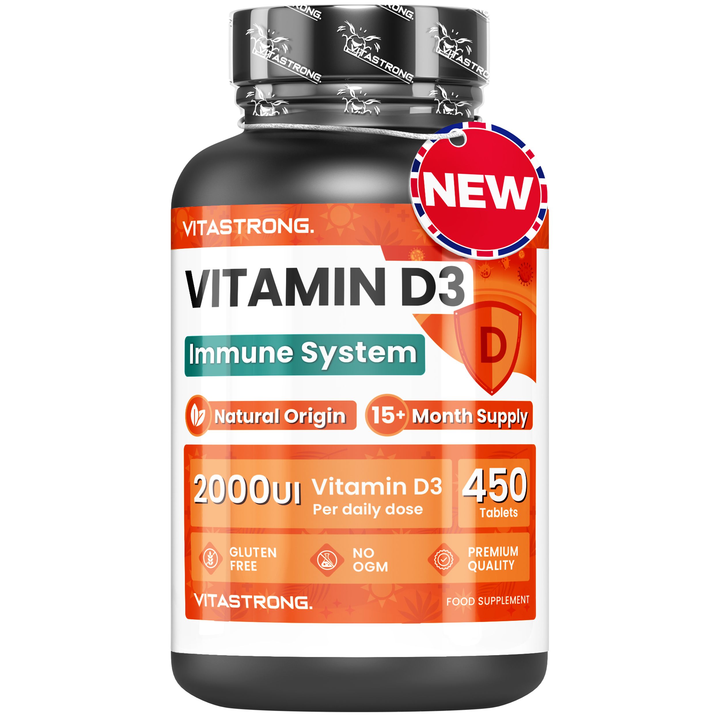 Vitamin D3-Tabletten in einer schwarzen Flasche. Enthält 450 Tabletten. Mit 'NEW' Aufkleber.