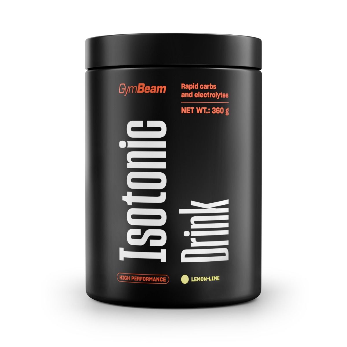 Schwarzer Behälter mit GymBeam Isotonischer Drink Pulver, 360g.