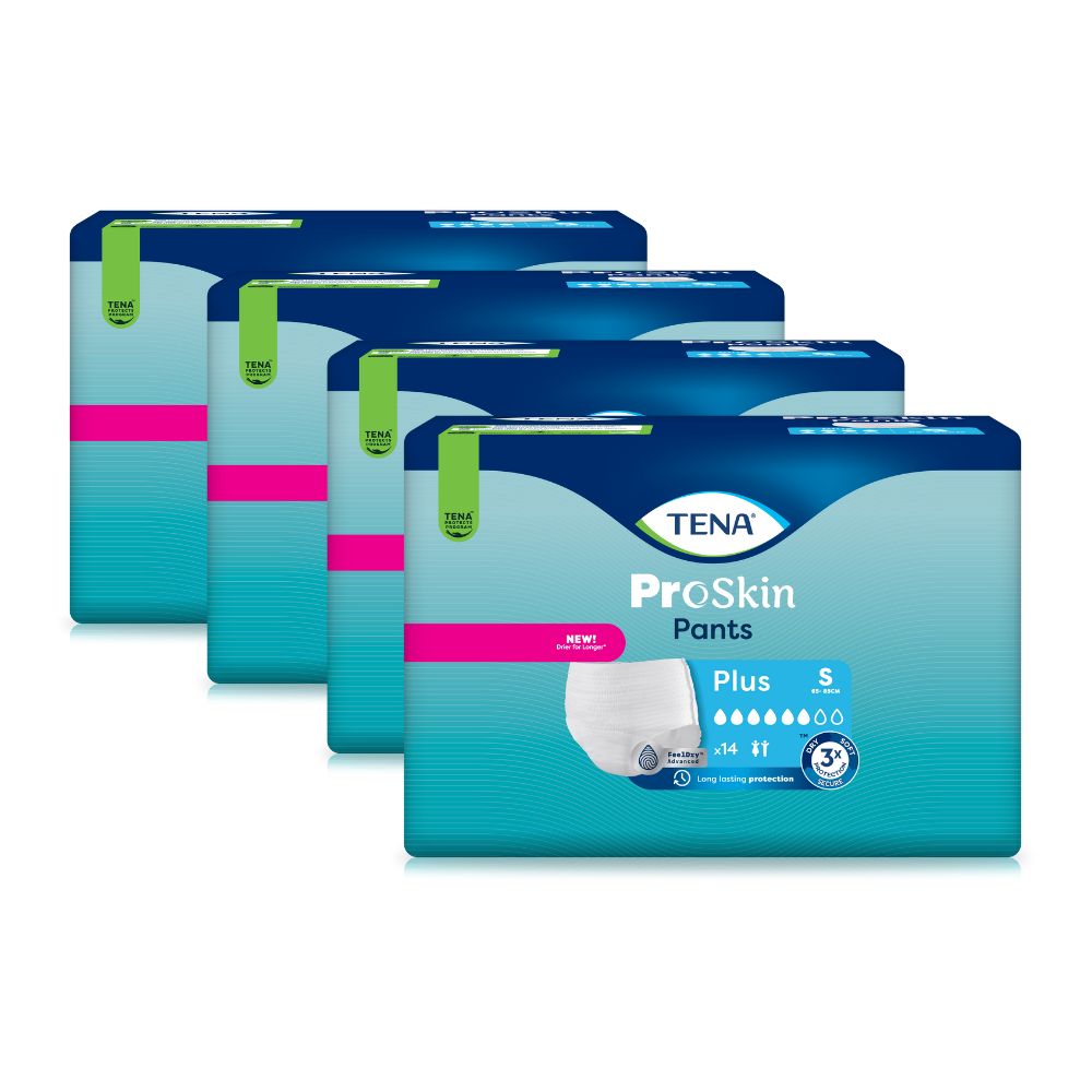 Mehrere Packungen TENA ProSkin Pants Plus. Blaue Verpackung mit rosa Streifen und Produktinformationen.