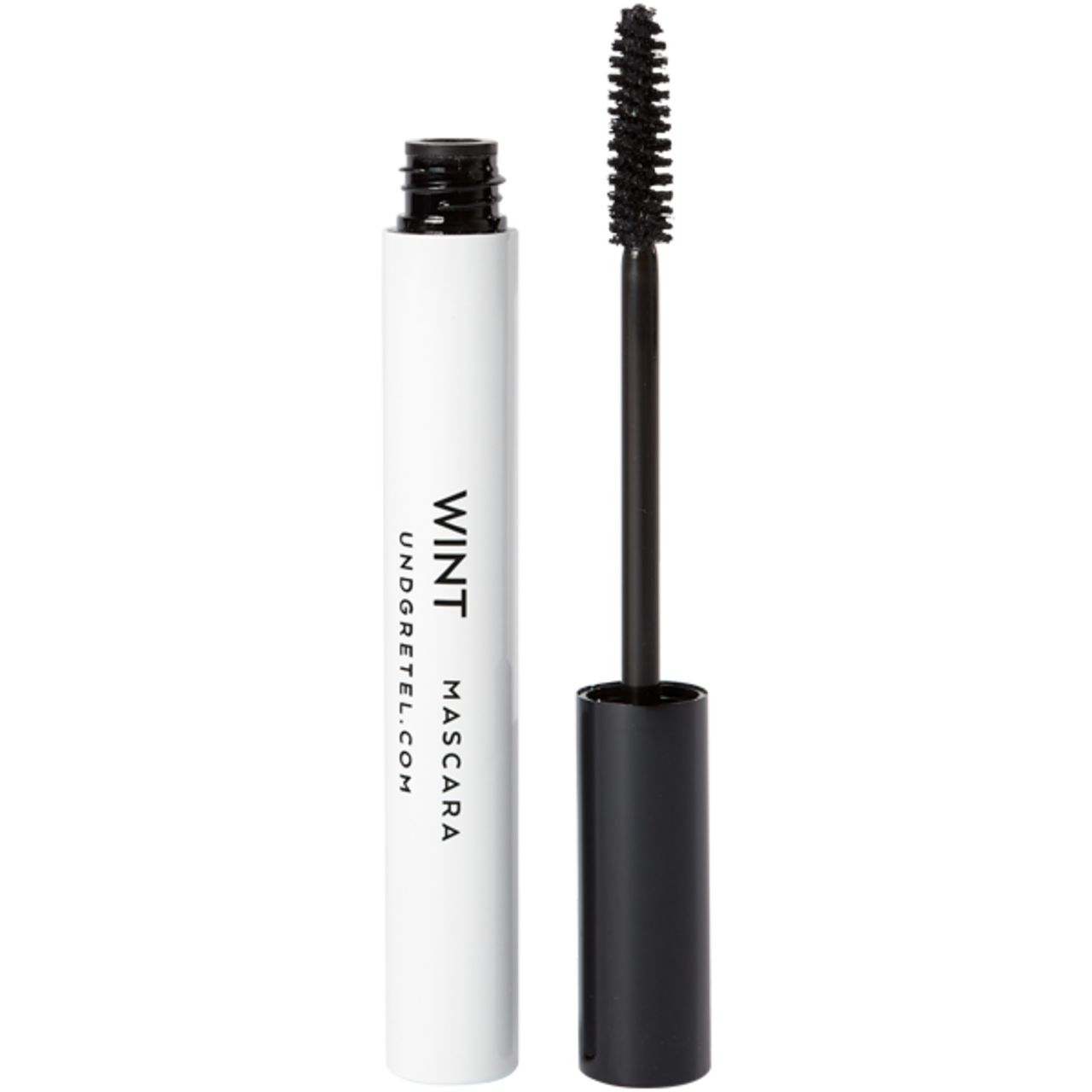Weiße Mascara-Tube mit schwarzer Kappe und Bürste. Text: WINT, UND GRETEL.COM.