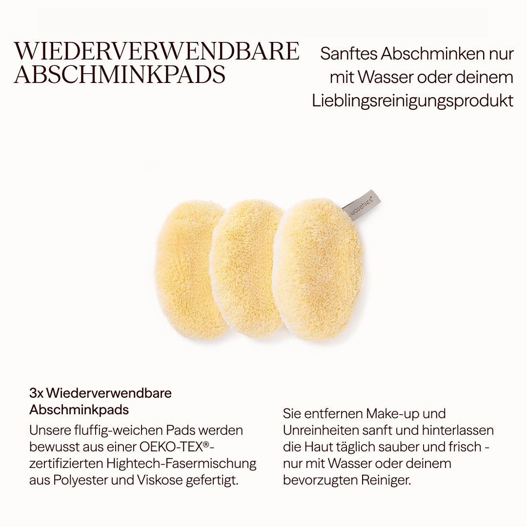 Drei gelbe Abschminkpads. Text: Wiederverwendbare Pads aus OEKO-TEX-zertifizierter Hightech-Fasermischung. Entfernen Make-up sanft.