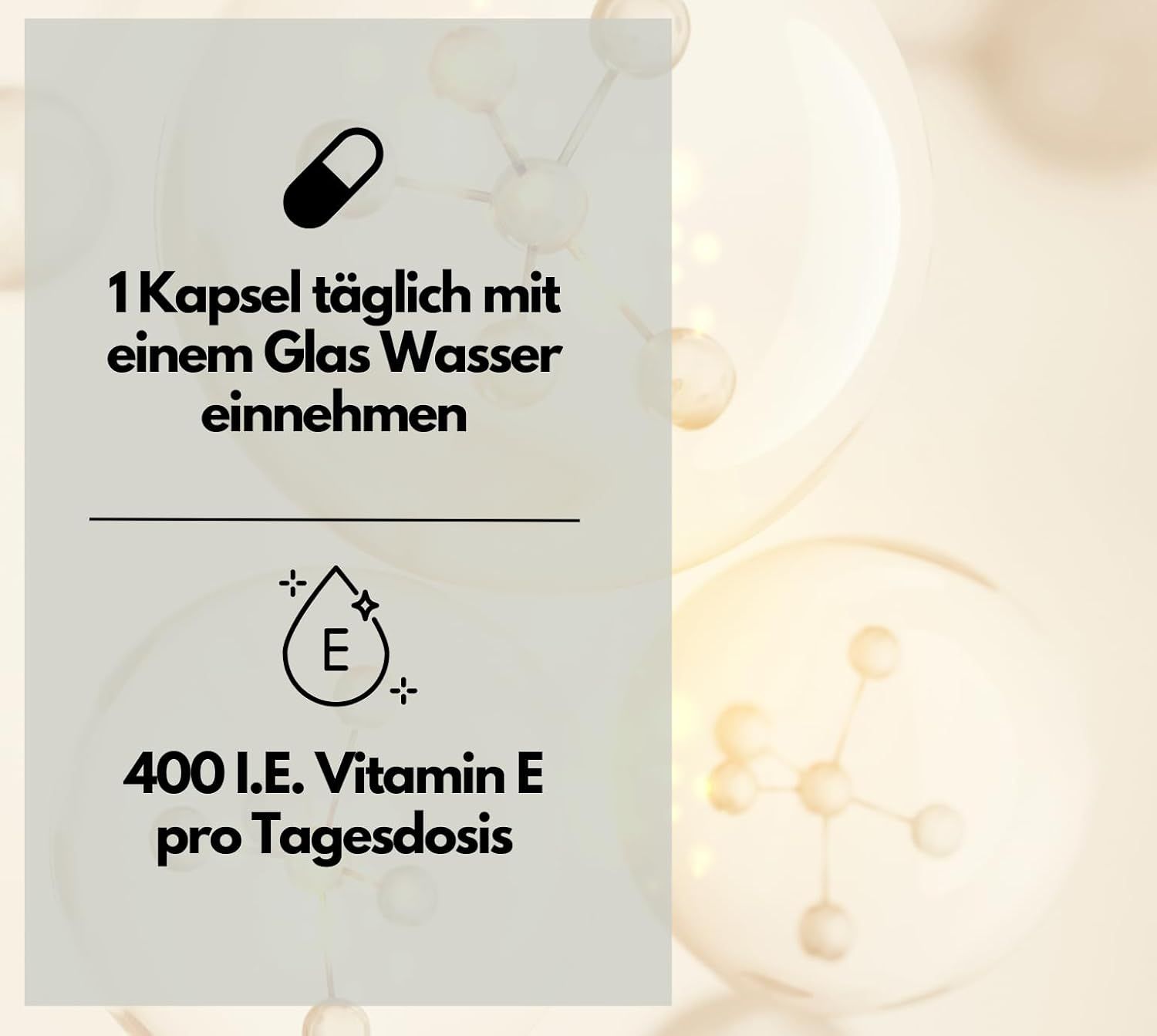 Grafik mit Informationen zu Vitamin E. Eine Kapsel täglich mit Wasser einnehmen. 400 I.E. Vitamin E pro Tagesdosis.