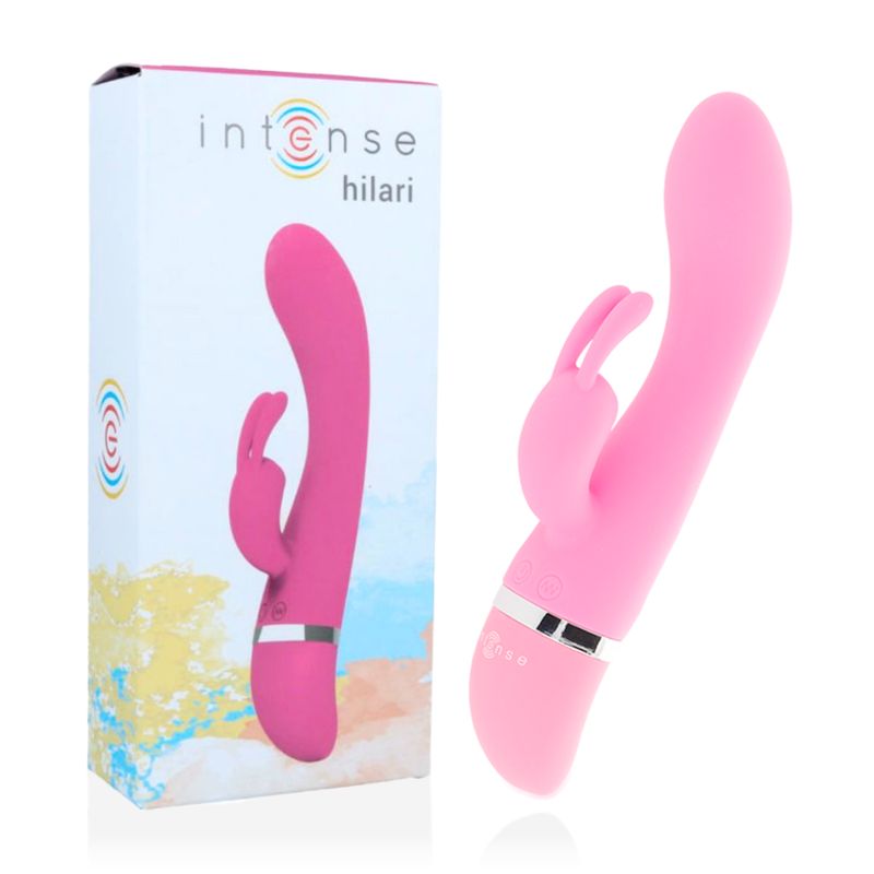 Produkt und Verpackung. Rosa Vibrator neben Verpackung mit Aufschrift Intense hilari. Weißer Hintergrund.