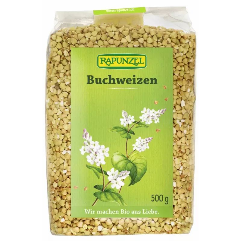 Beutel mit Buchweizen. Aufdruck mit Logo, Schriftzug 'Buchweizen' und floralem Motiv. Gewicht: 500g.
