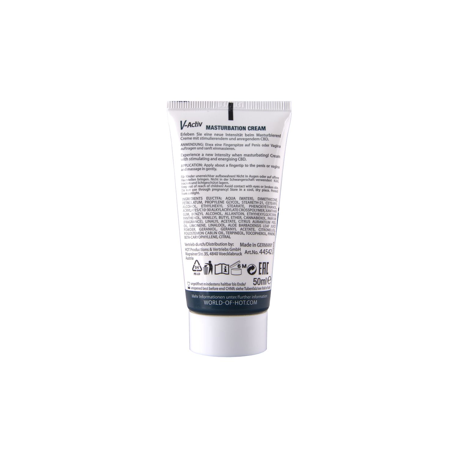 Creme-Tube, weiß mit blauer Beschriftung. Enthält Informationen zu Inhaltsstoffen und Anwendung. 50ml.