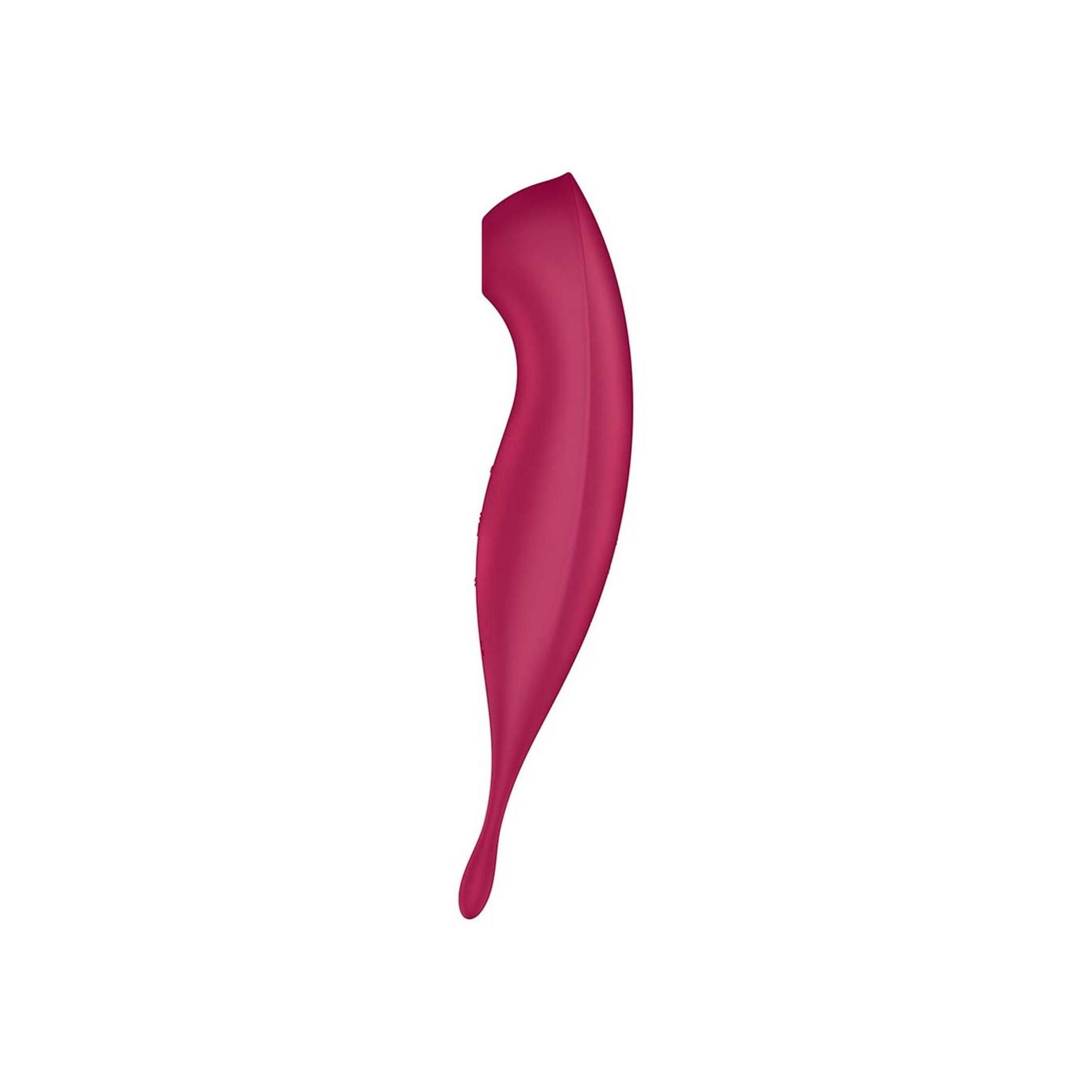 Weinroter Vibrator, gebogene Form, abgerundete Spitze und tropfenförmiges Ende.