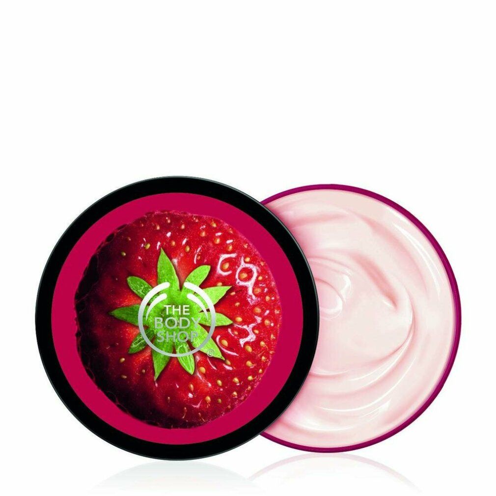 Runder Tiegel mit Erdbeer-Design und rosa Creme. Deckel mit Logo. Offener Tiegel mit rosa Creme.