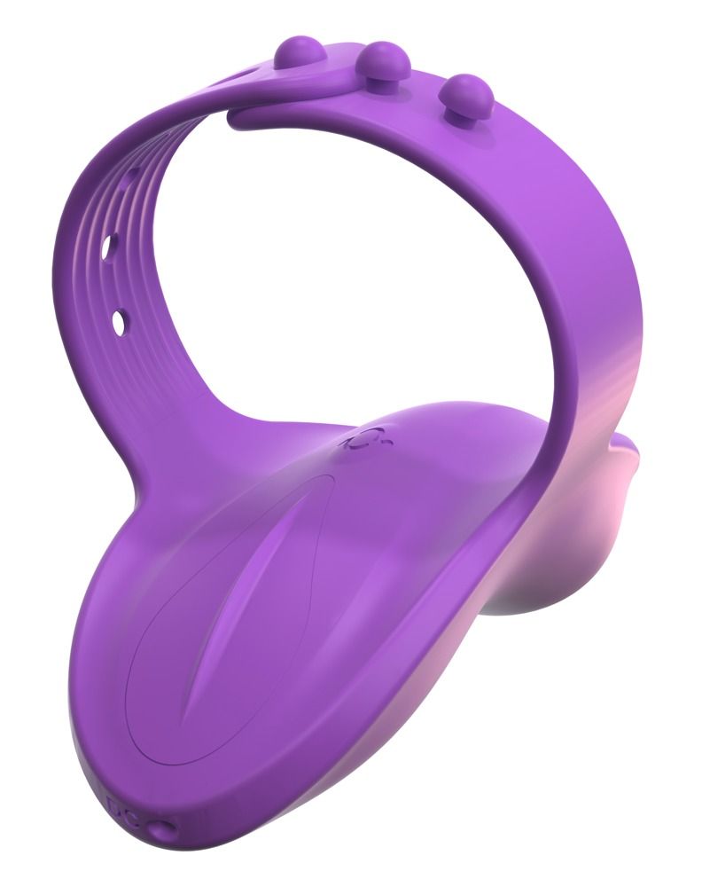 Lila Finger-Vibrator mit Noppen und verstellbarem Band, Seitenansicht.