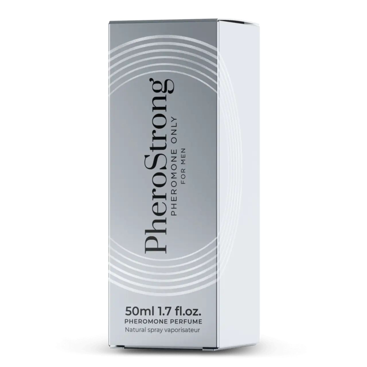 Rechteckige Verpackung. Text: PheroStrong, 50ml, Pheromone Perfume. Silberne und weiße Farbgebung.