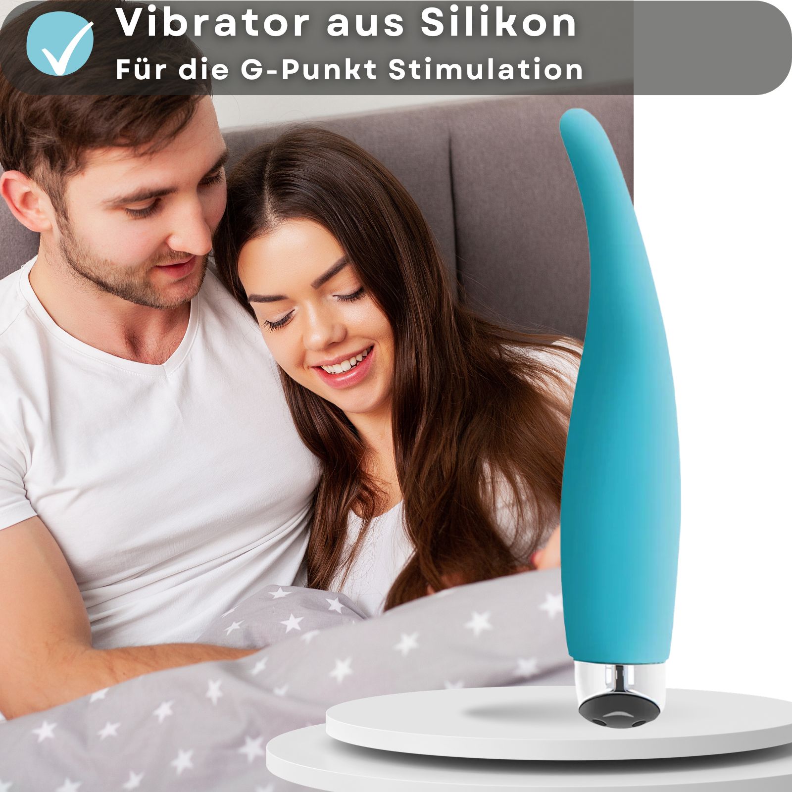 Blauer Vibrator. Text: Silikon-Vibrator für G-Punkt-Stimulation. Paar im Hintergrund.