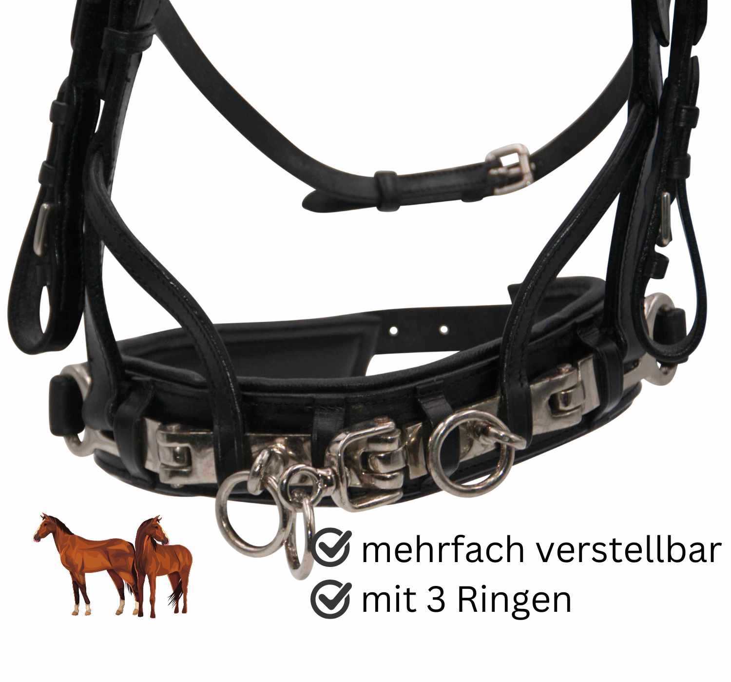 Schwarzer Kappzaum mit Metallringen. Mehrfach verstellbar. Mit 3 Ringen. Bild von zwei Pferden.