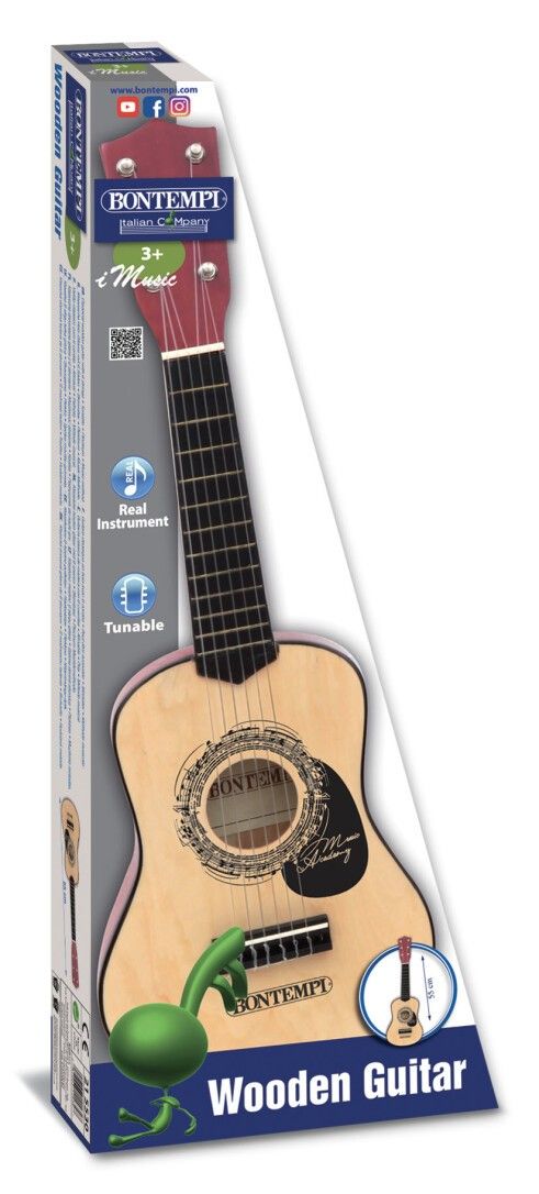 Holzgitarre in Verpackung. Marke Bontempi. Aufdruck: iMusic, Real Instrument, Tunable. Für Kinder ab 3 Jahren.