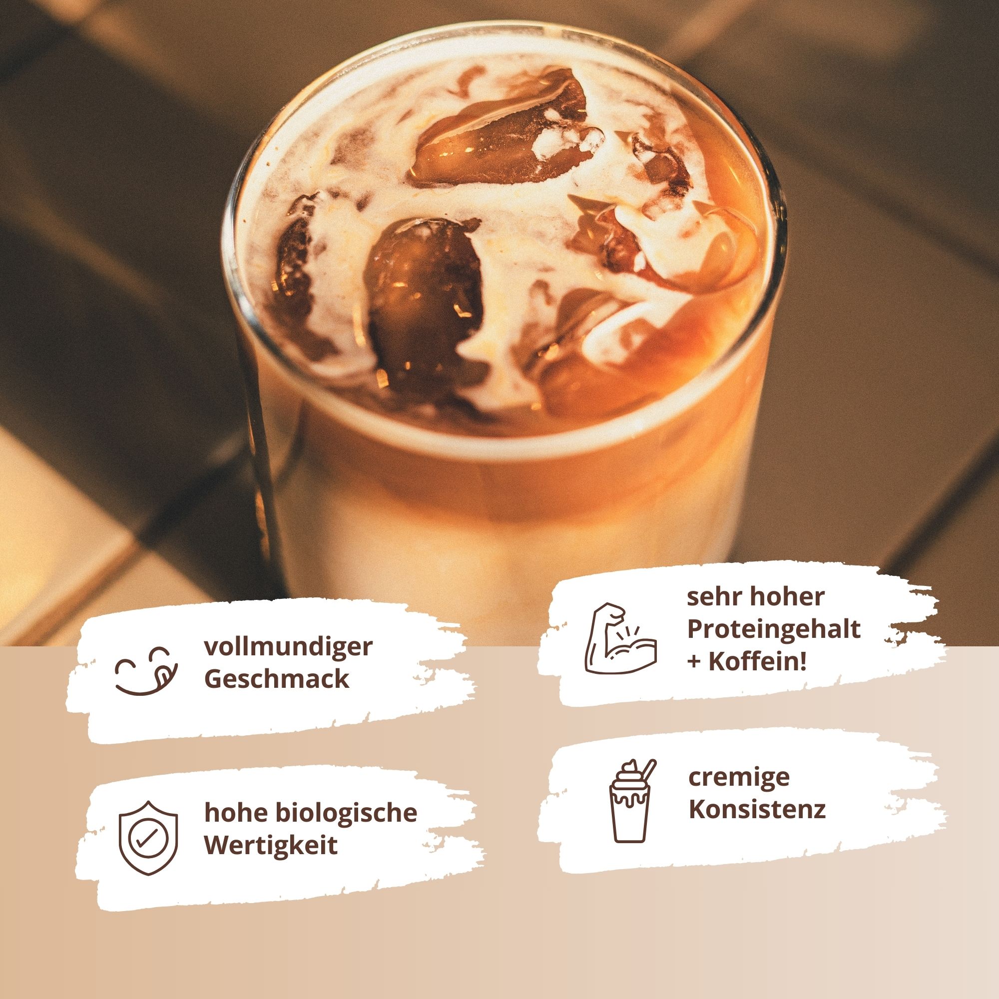 Glas mit Proteinkaffee, Eiswürfeln und Milchschaum. Text: Vollmundiger Geschmack, hoher Proteingehalt + Koffein, hohe biologische Wertigkeit, cremige Konsistenz.