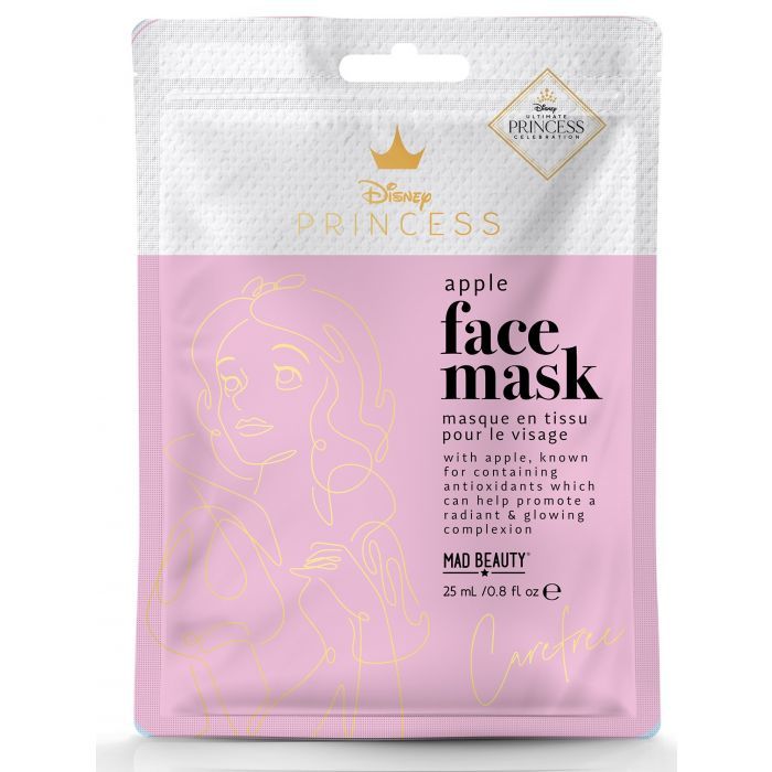 Rosa Gesichtsmaske mit Apfel. Verpackung mit Disney Princess Logo und Schriftzug. Enthält 25 ml.