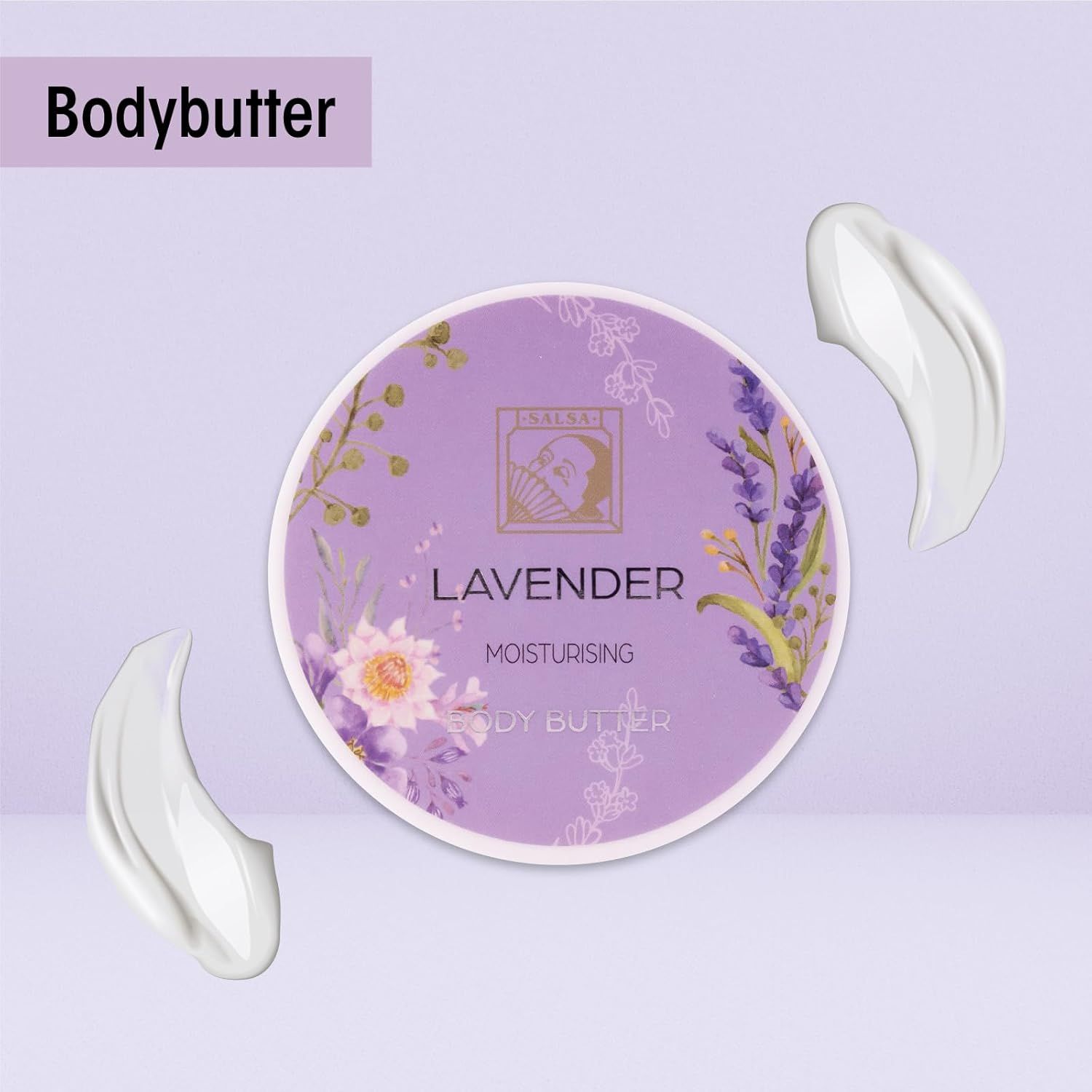 Runde Creme-Dose mit Lavendel-Motiv. Zwei Kleckse Creme daneben.