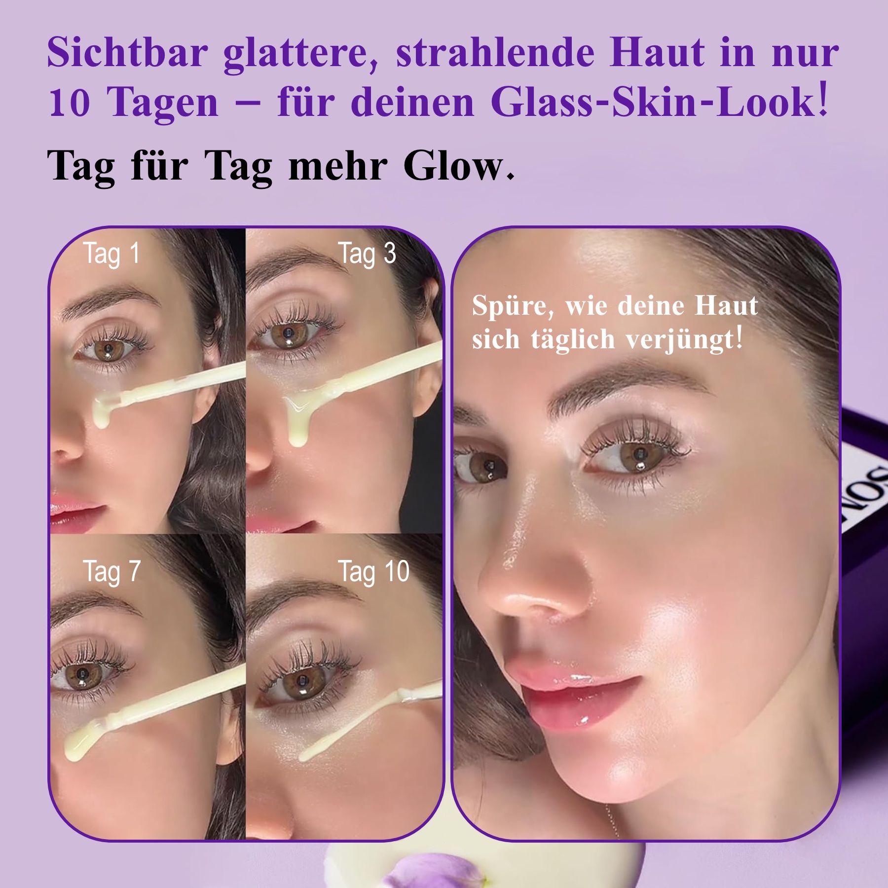 Gesicht mit Serum. Text über Ergebnisse nach 10 Tagen. Aufschrift: Retinol Intense Reactivating Serum. Marke: Some By Mi.