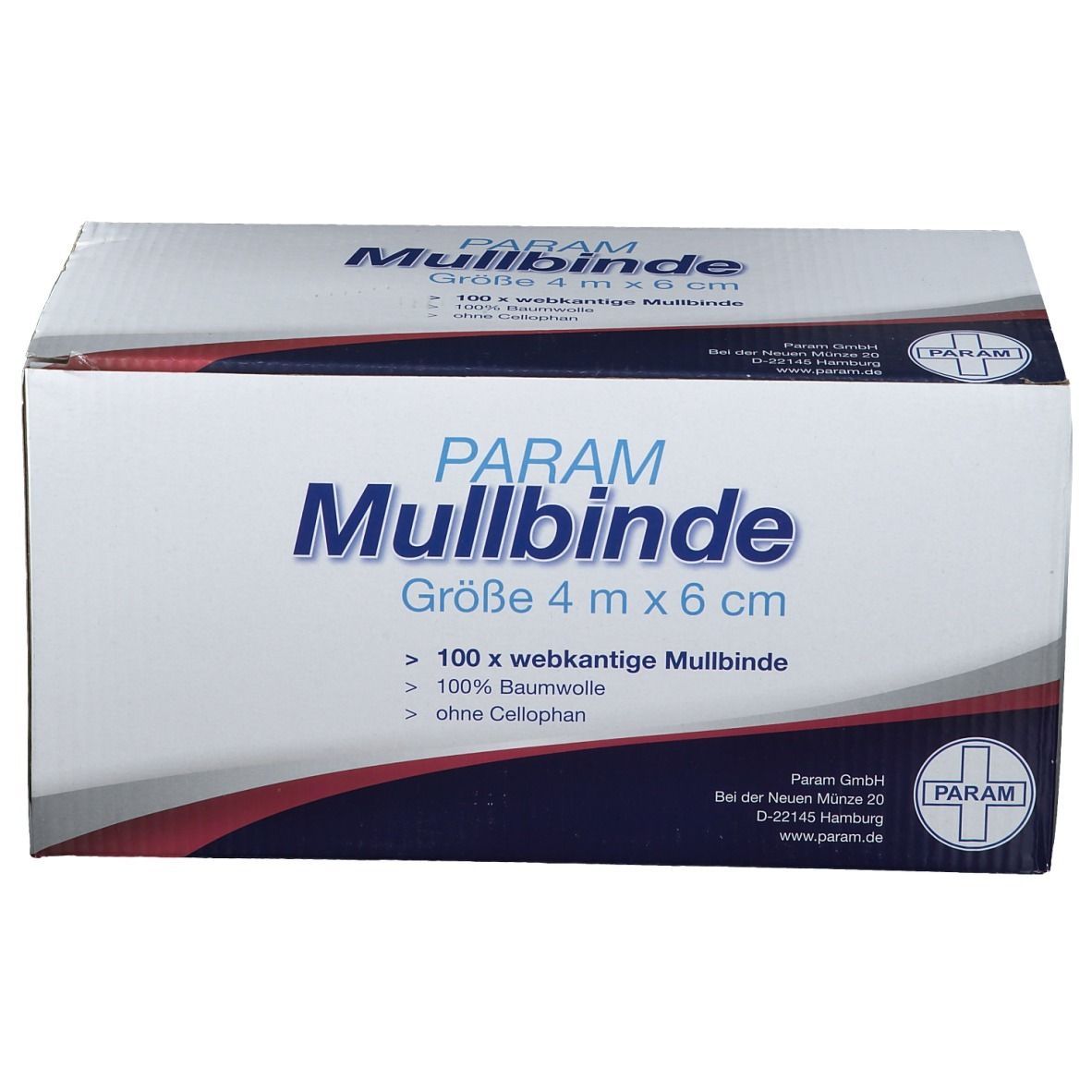 Karton PARAM Mullbinde, 4 m x 6 cm. Text: 100 x webk. Mullbinde, 100% Baumwolle, ohne Cellophan. Logo PARAM.