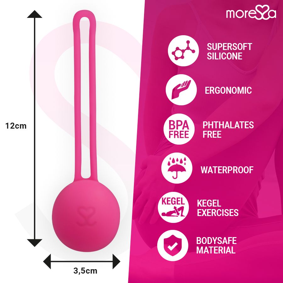 Rosafarbene Kugel mit Schlaufe. Maße: 12cm hoch, 3,5cm breit. Text: Supersoft Silicone, Ergonomic, BPA Free, Phthalates Free, Waterproof, Kegel Exercises, Bodysafe Material.