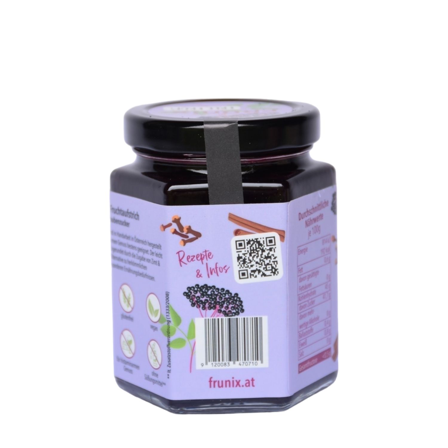 Glas Frunix Fruchtaufstrich Holunder-Zimt, Rückseite. Lila Etikett mit Produktinformationen, QR-Code und Illustrationen. Schwarzer Deckel.
