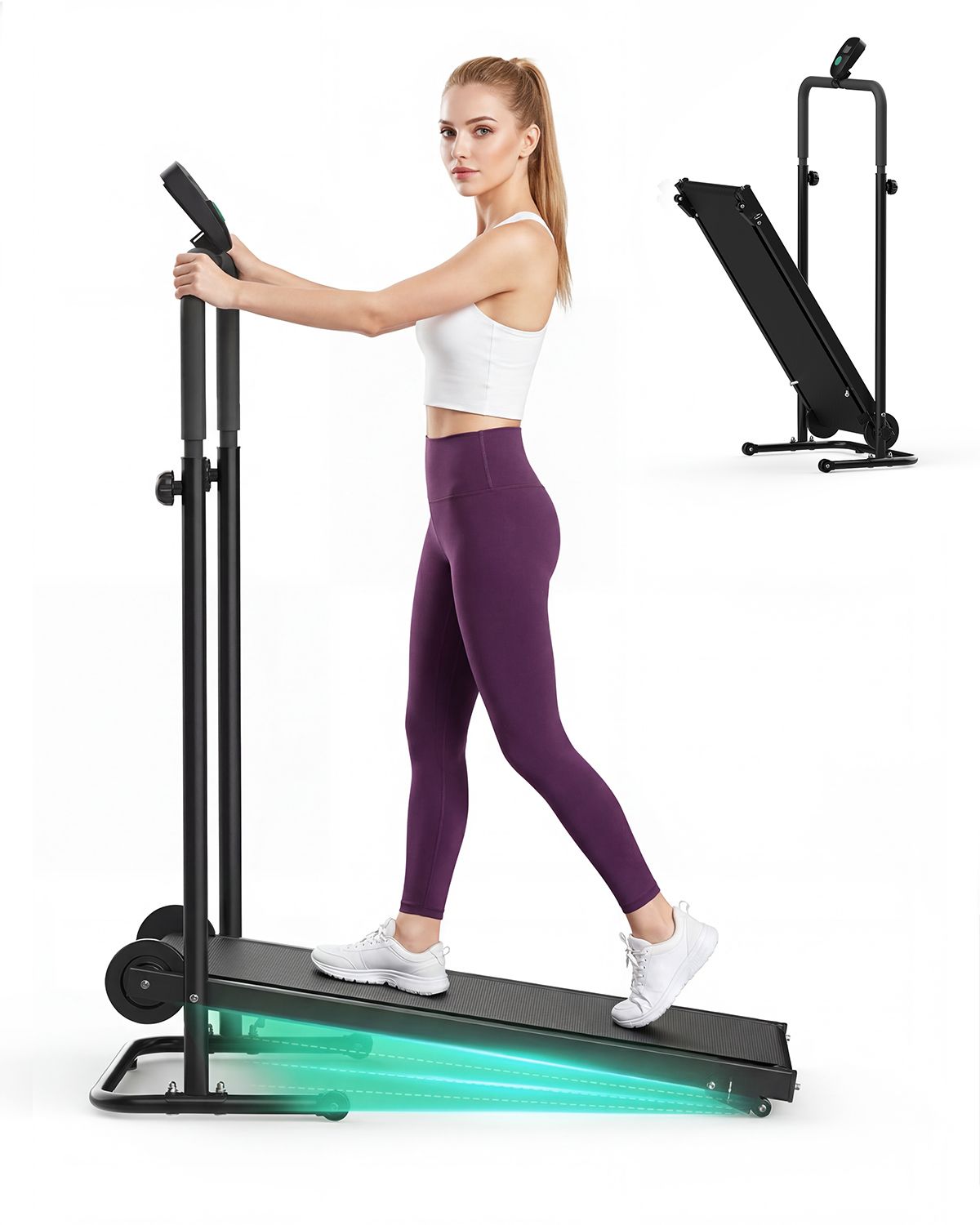 Schwarzes, manuelles Laufband mit Frau, die darauf trainiert. Pliable im Hintergrund. Mit Haltegriffen und Display.