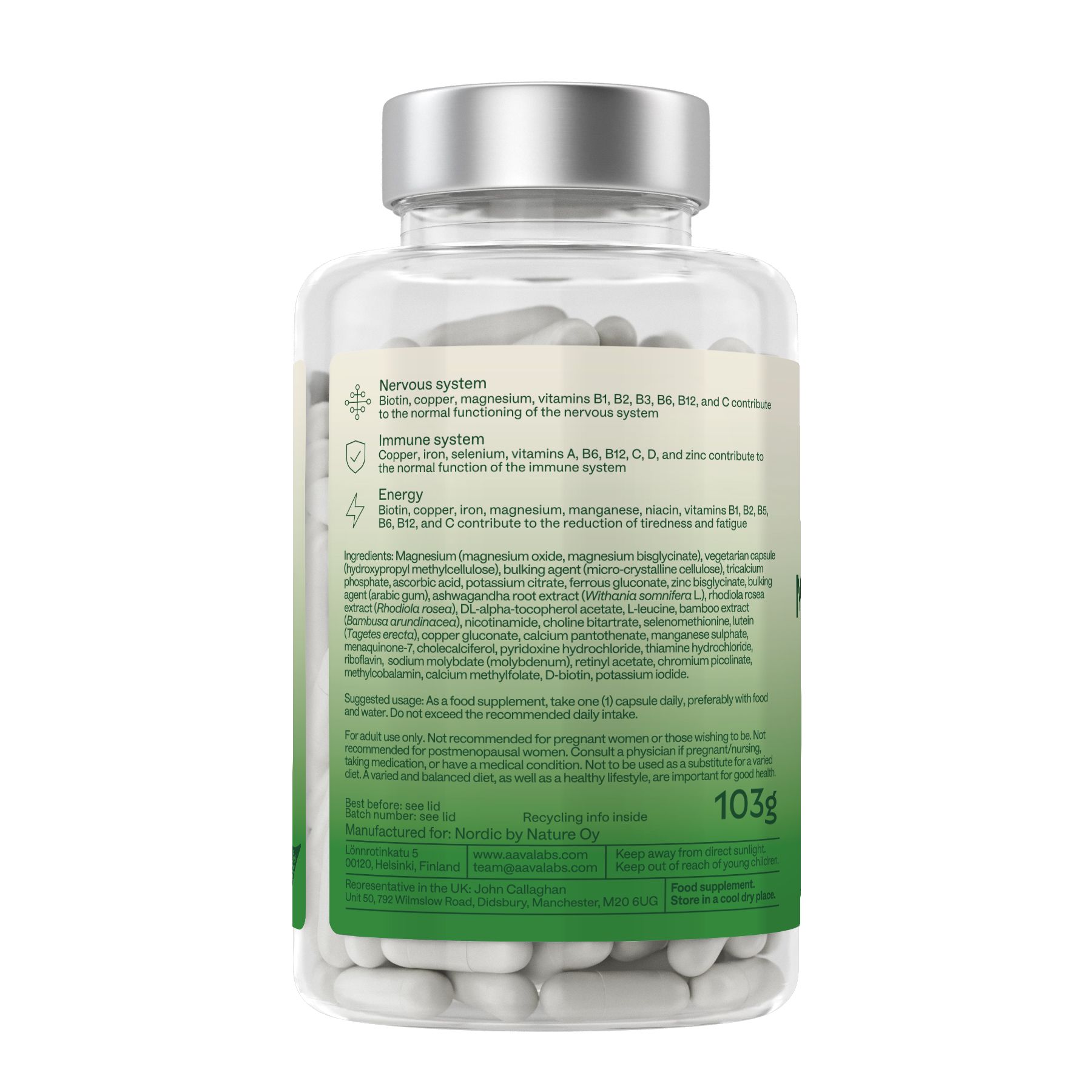 Rückseite der Flasche mit weißen Kapseln. Aufschrift: Nervensystem, Immunsystem, Energie. 103g. Zutatenliste.
