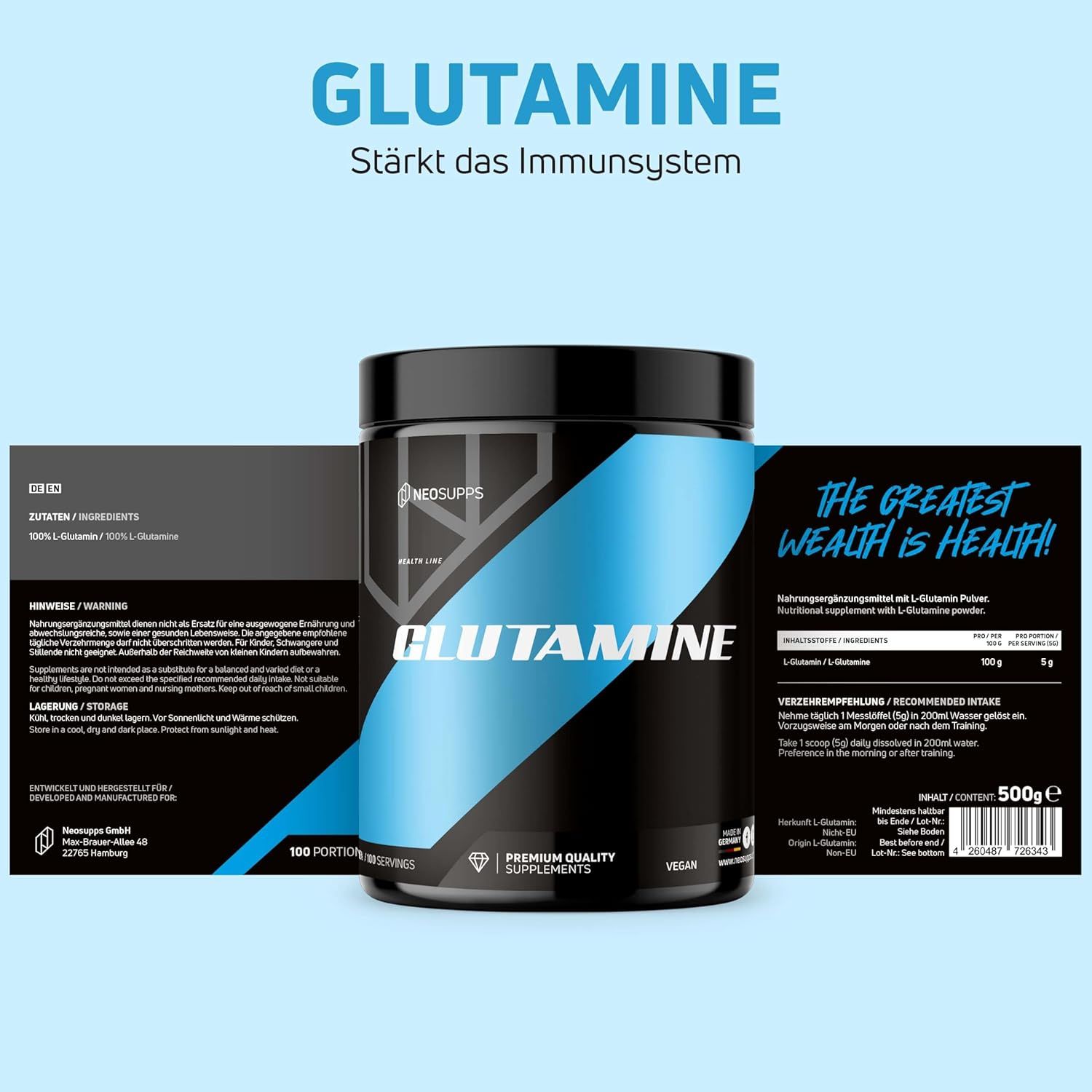 Dose Glutamin-Pulver, blaues Design. Text: Glutamine, stärkt das Immunsystem. Beiliegend: Etiketten mit Inhaltsangaben und Text.