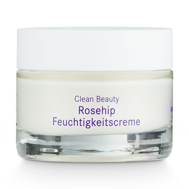 Creme-Tiegel mit weißem Deckel. Aufschrift: Clean Beauty, Rosehip Feuchtigkeitscreme.