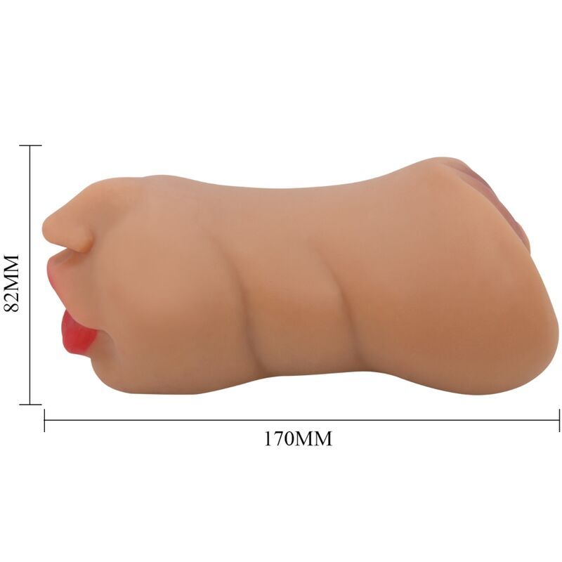 Masturbator mit geripptem Tunnel. Hautfarbenes Silikon, rote Lippen. Maße: 170x82mm.