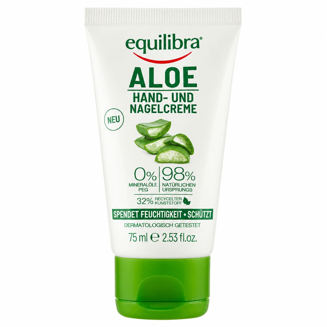 Equilibra Aloe Hand- und Nagelcreme Tube mit 75ml Inhalt.