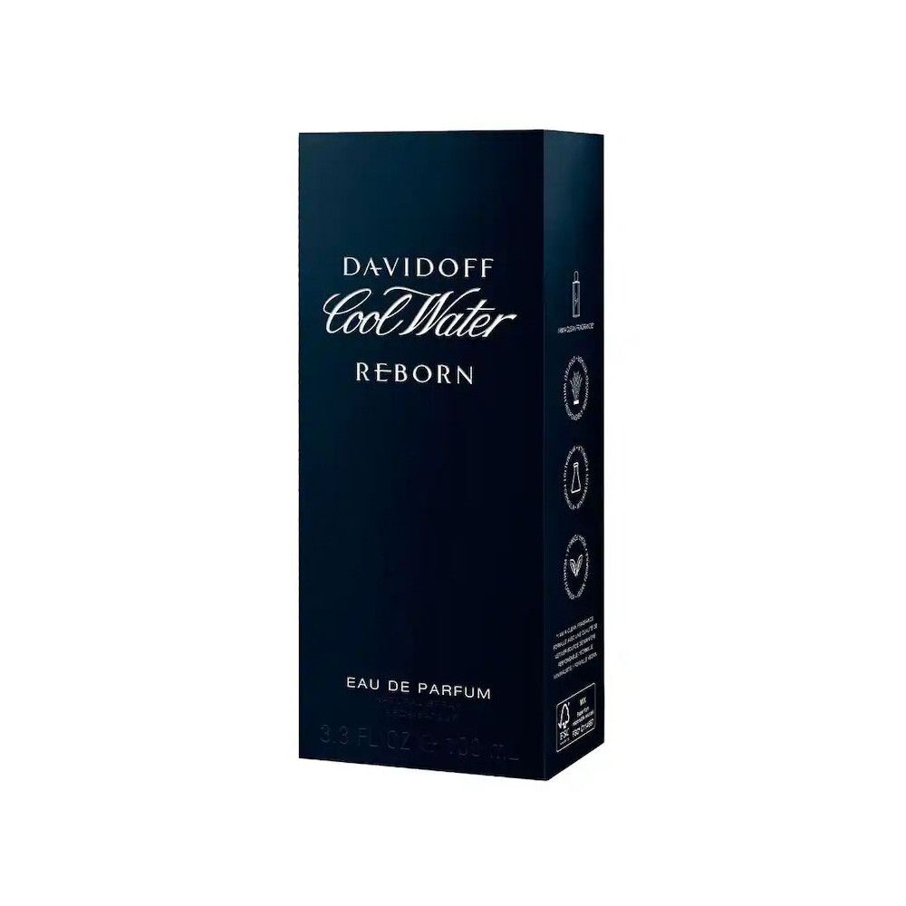 Davidoff Cool Water Reborn Eau de Parfum Verpackung. Schwarze rechteckige Schachtel mit Logo und Produktinformationen. FSC-zertifiziert.