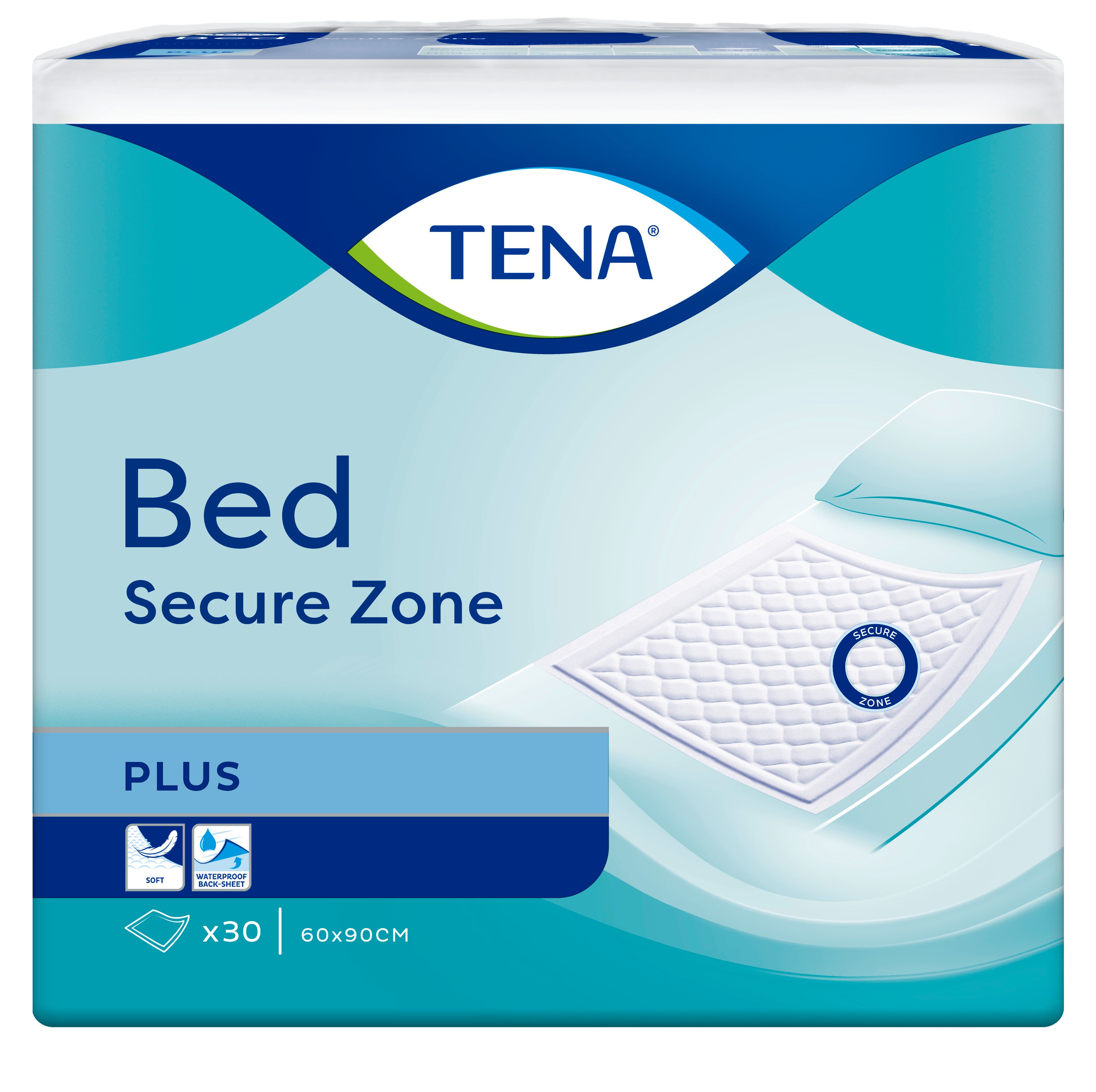 Verpackung von TENA Bed Secure Zone Plus. Zeigt ein weißes, gestepptes Produkt auf einem Bett. Produktname und Größe 60x90cm sind sichtbar.