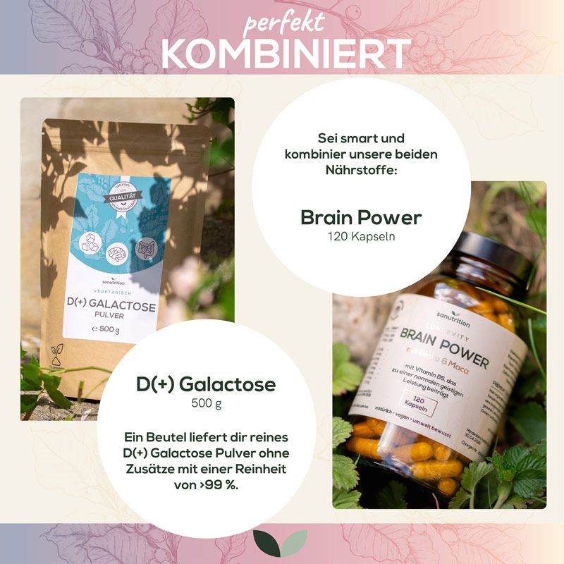 Produktflasche neben einer Packung D(+) Galactose. Etikett "Brain Power".