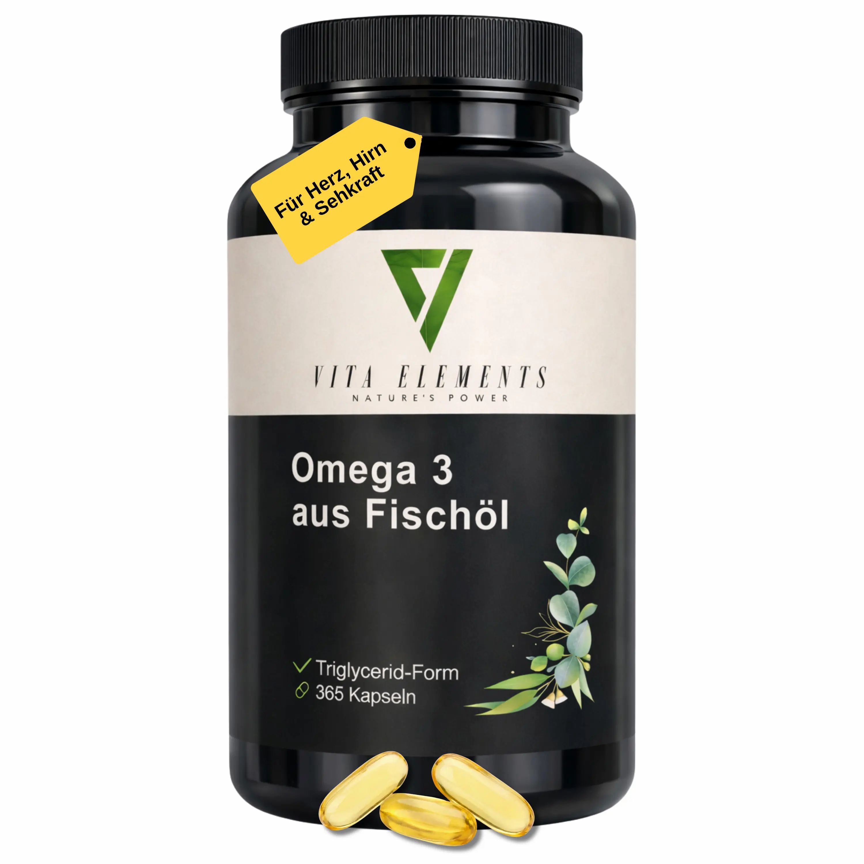 Schwarze Dose mit Vita Elements Omega 3 Fischöl Kapseln, 365 Kapseln, Triglycerid-Form.