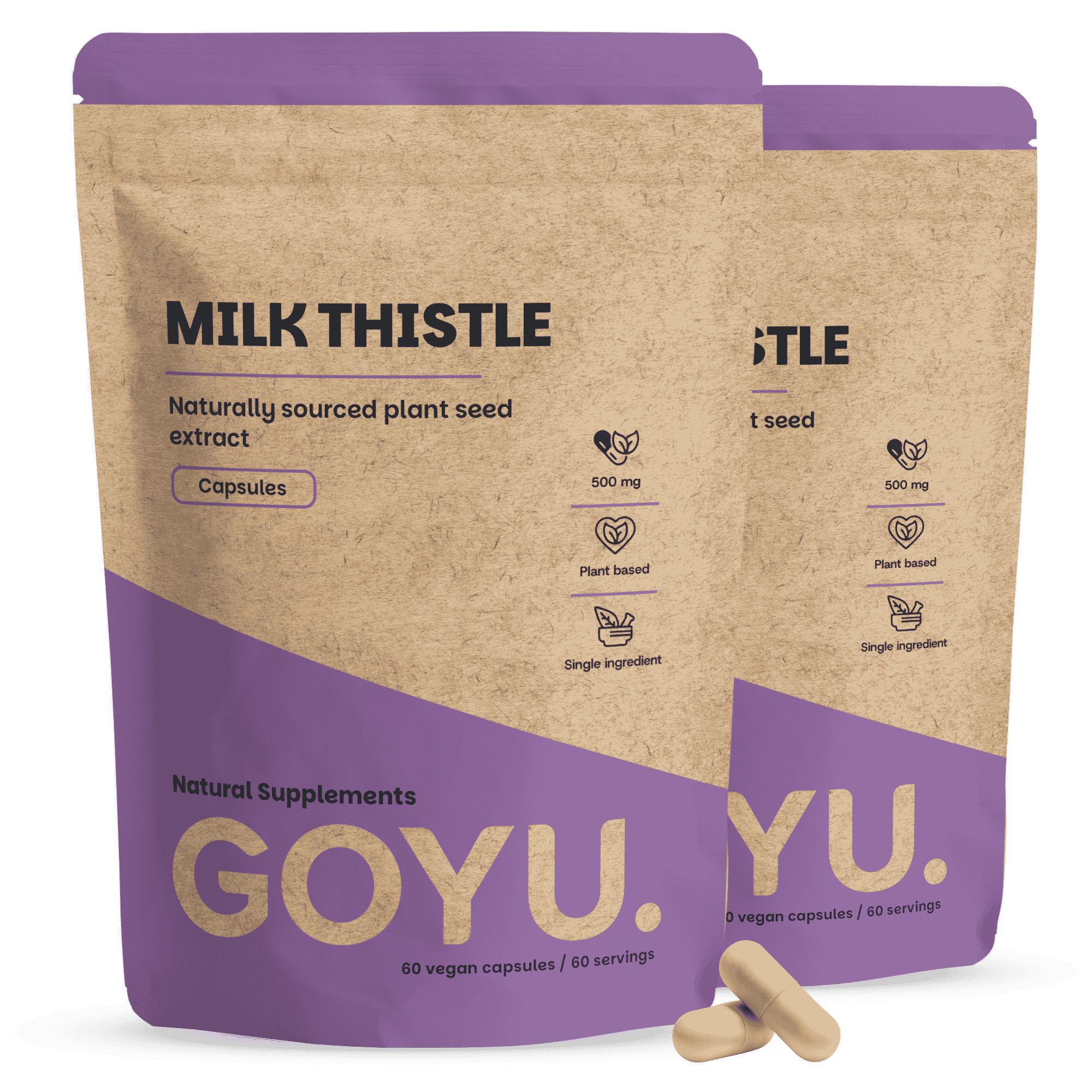 Zwei Packungen GOYU Milchdistel-Kapseln, natürlich gewonnen aus Pflanzensamen. Jede Packung enthält 60 vegane Kapseln.