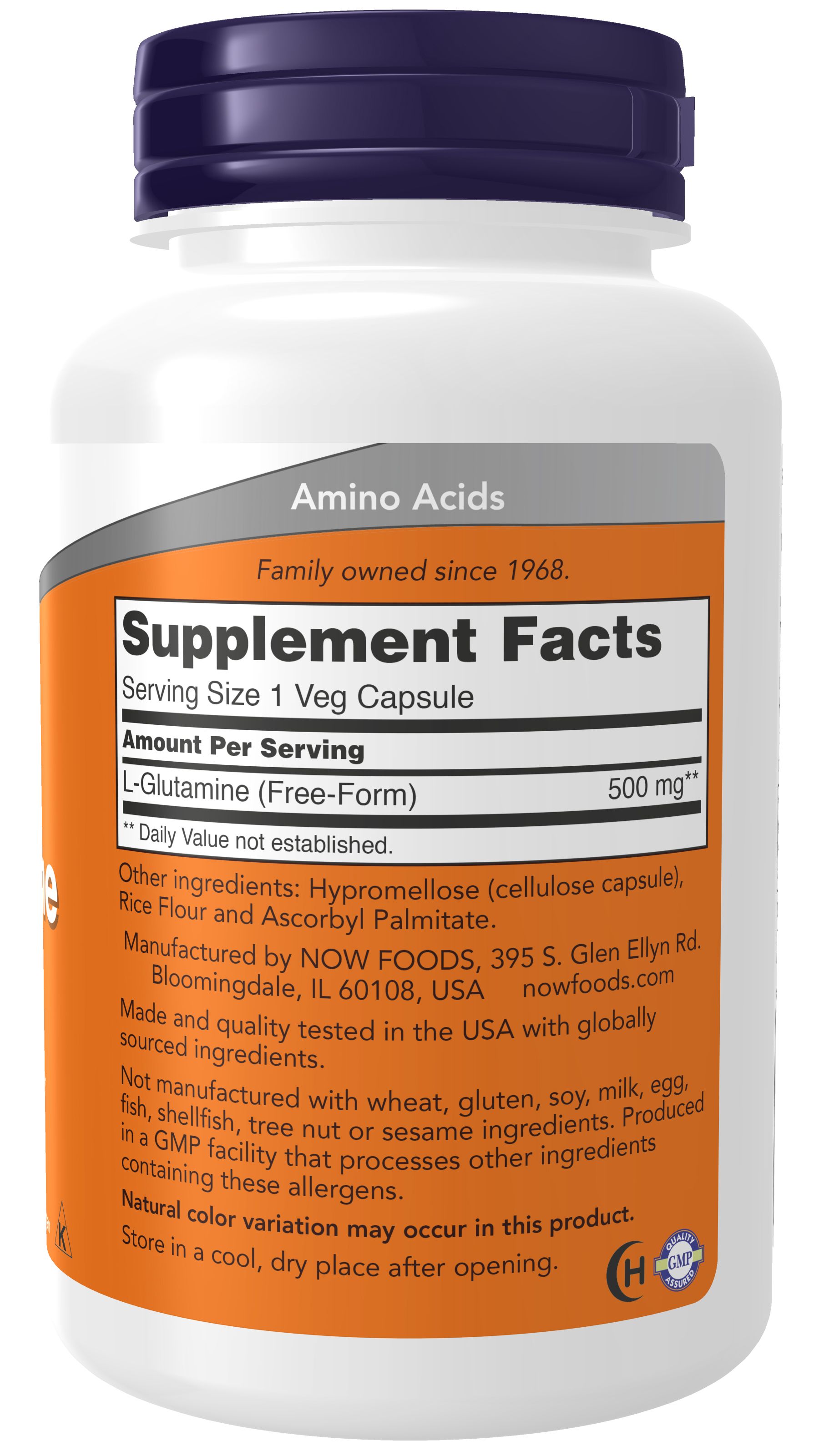 Flasche mit L-Glutamin-Kapseln. Enthält 500 mg L-Glutamin pro Portion. Hergestellt von NOW FOODS.